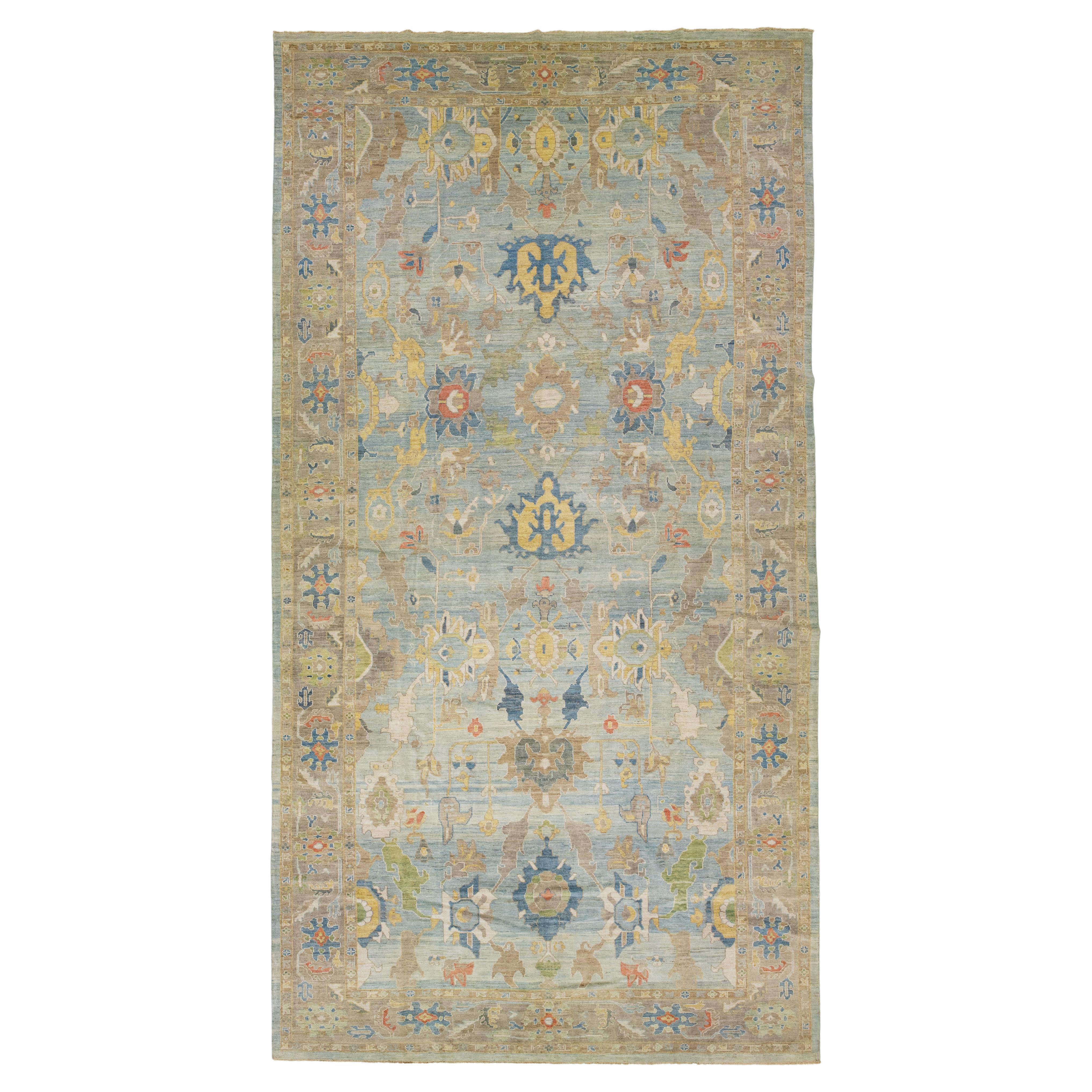 Allover Floral Modern Sultanabad Handmade Wool Rug in Blue For Sale