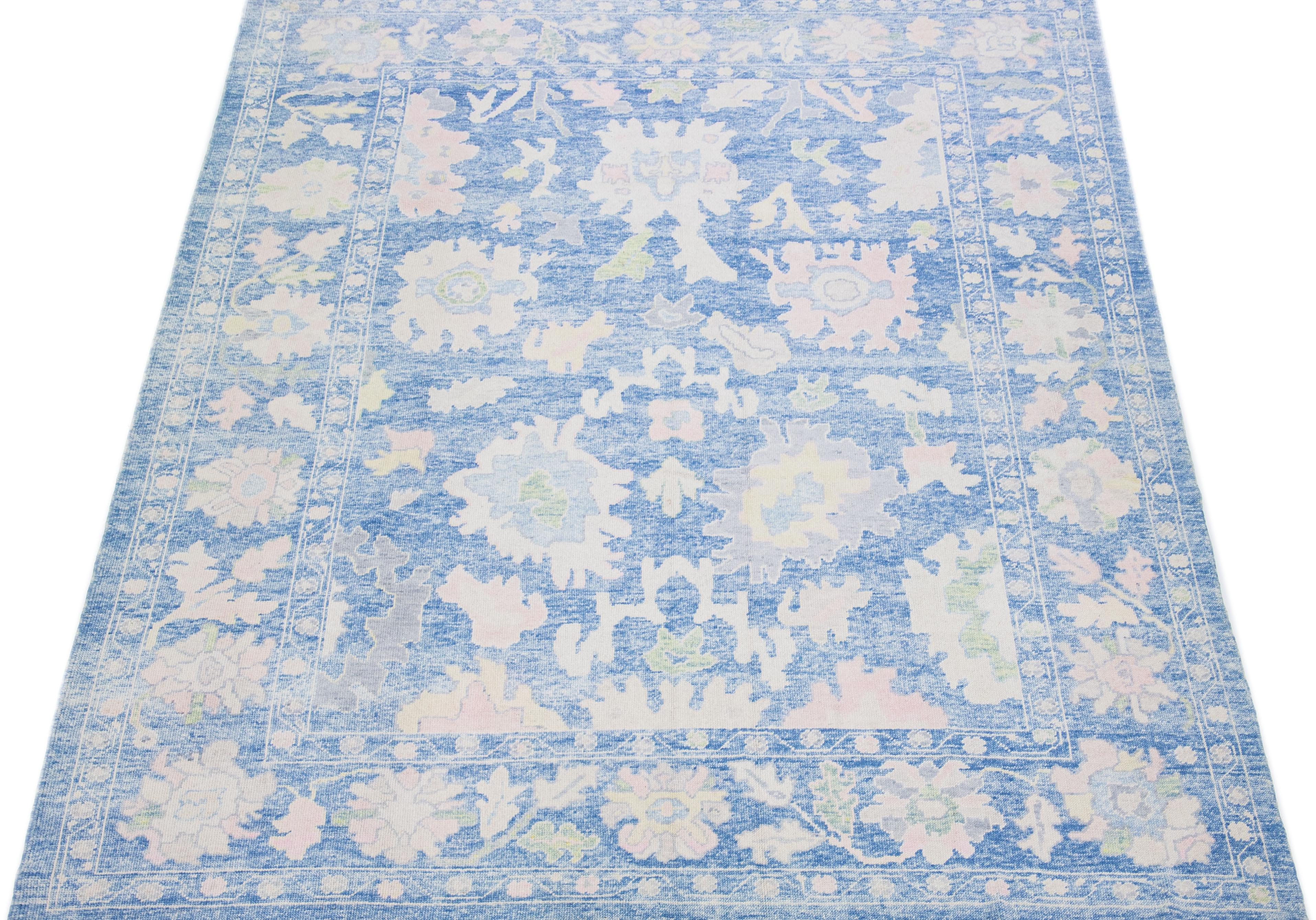 Hand-Knotted Allover Floral Modern Turkish Oushak Handmade Blue Wool Rug For Sale