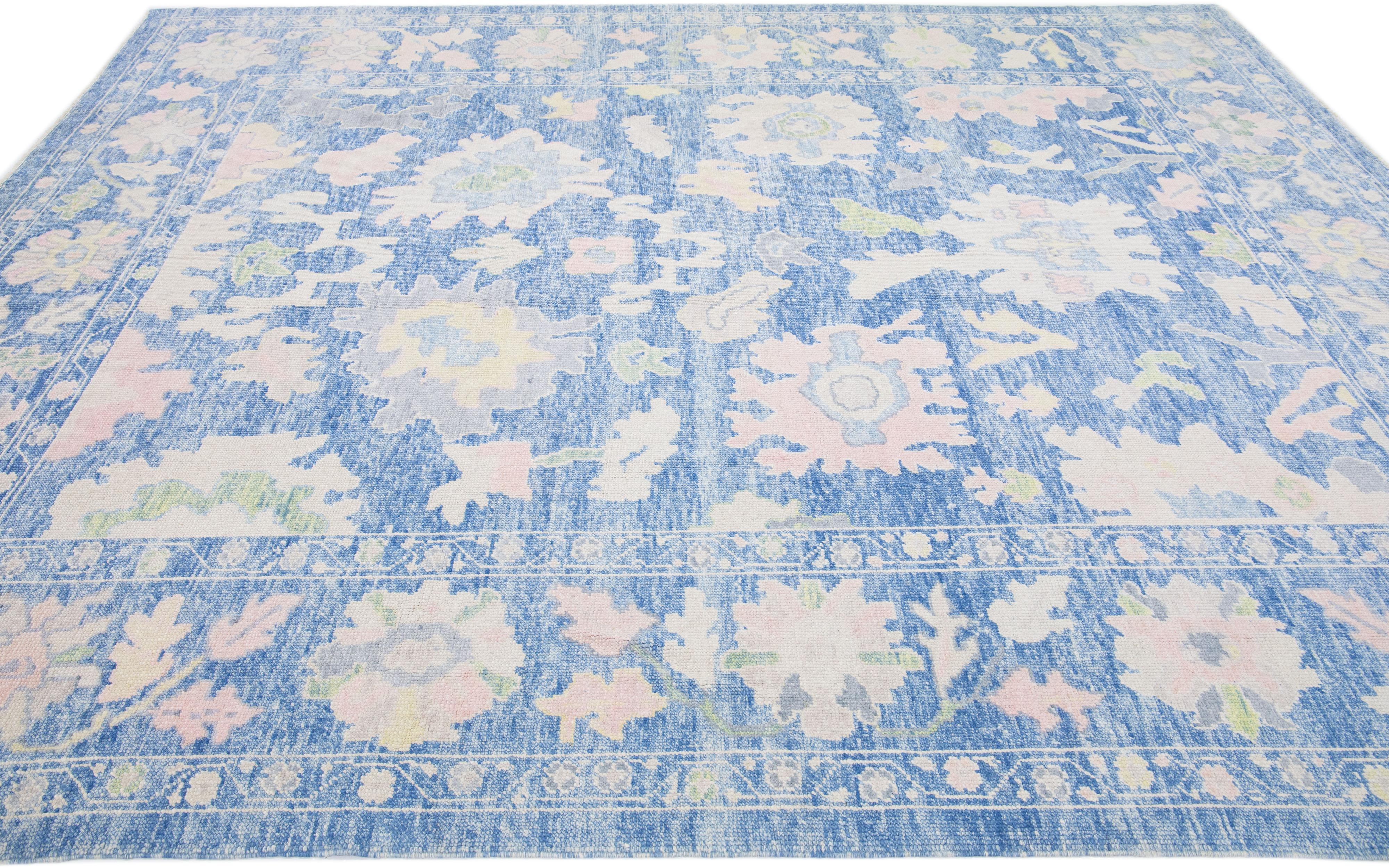 Contemporary Allover Floral Modern Turkish Oushak Handmade Blue Wool Rug For Sale