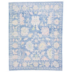 Allover Floral Modern Turkish Oushak Handmade Blue Wool Rug