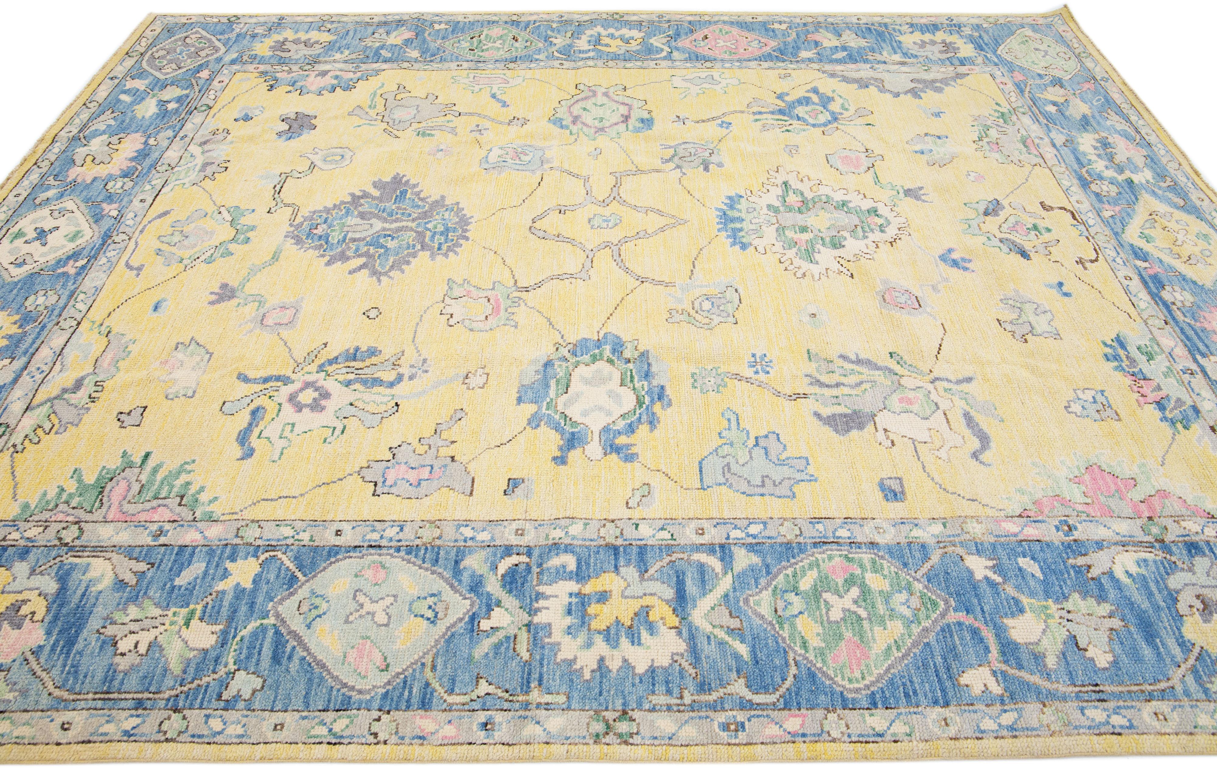 Allover Floral Modern Turkish Oushak Handmade Wool Rug in Yellow In New Condition For Sale In Norwalk, CT