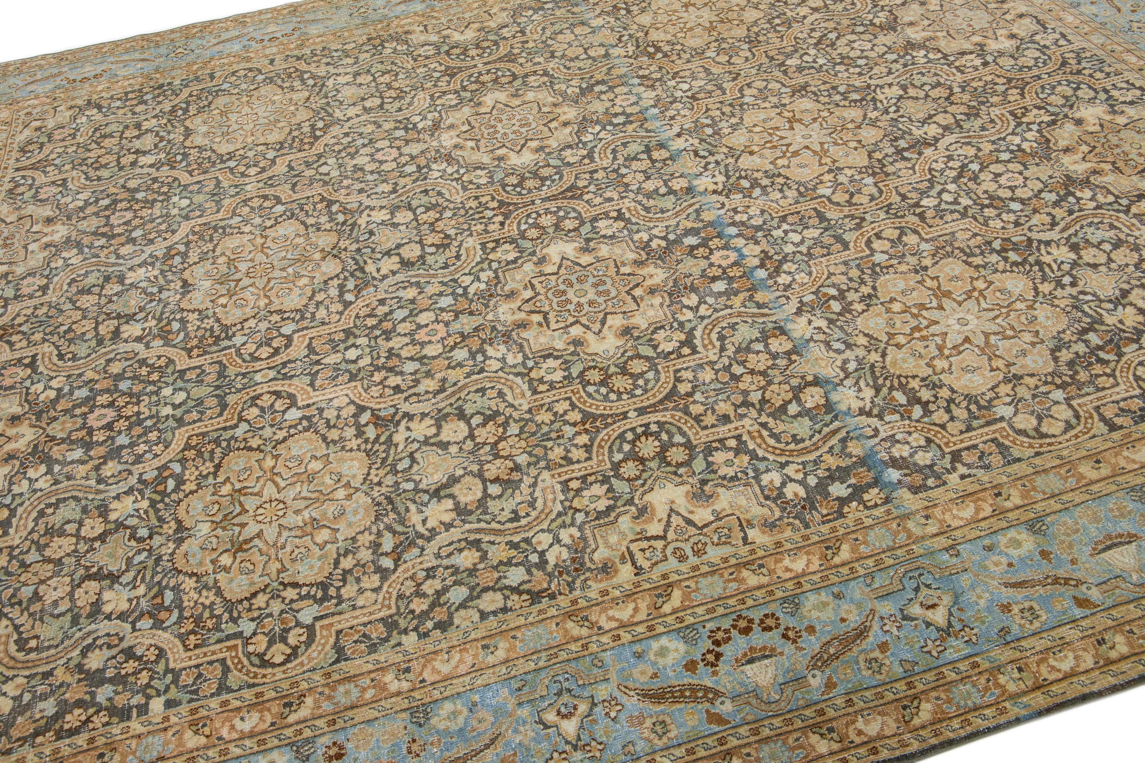 Hand-Knotted Allover Floral Vintage Handmade Persian Tabriz Wool Rug in Grey For Sale