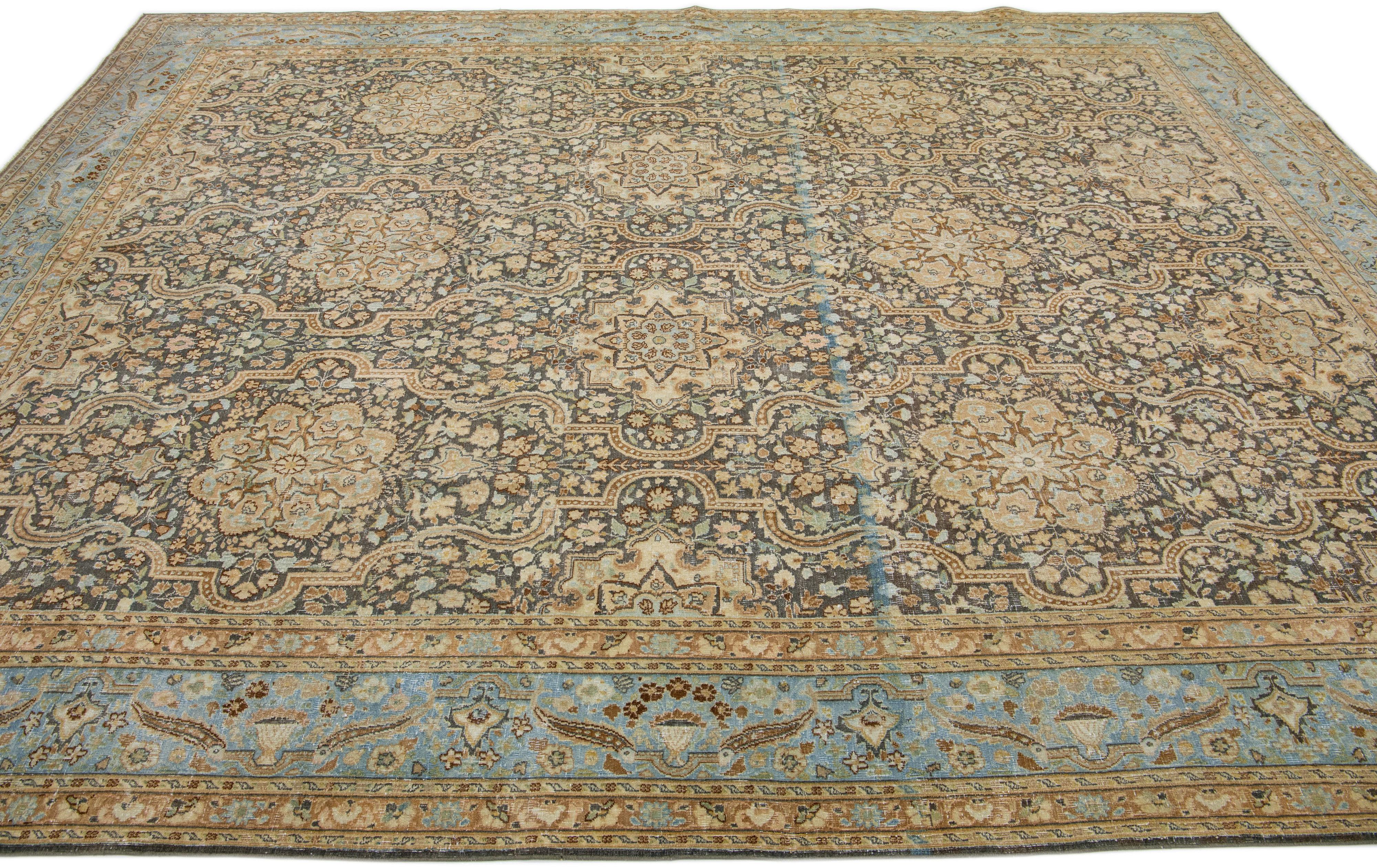 Allover Floral Vintage Handmade Persian Tabriz Wool Rug in Grey In Good Condition For Sale In Norwalk, CT