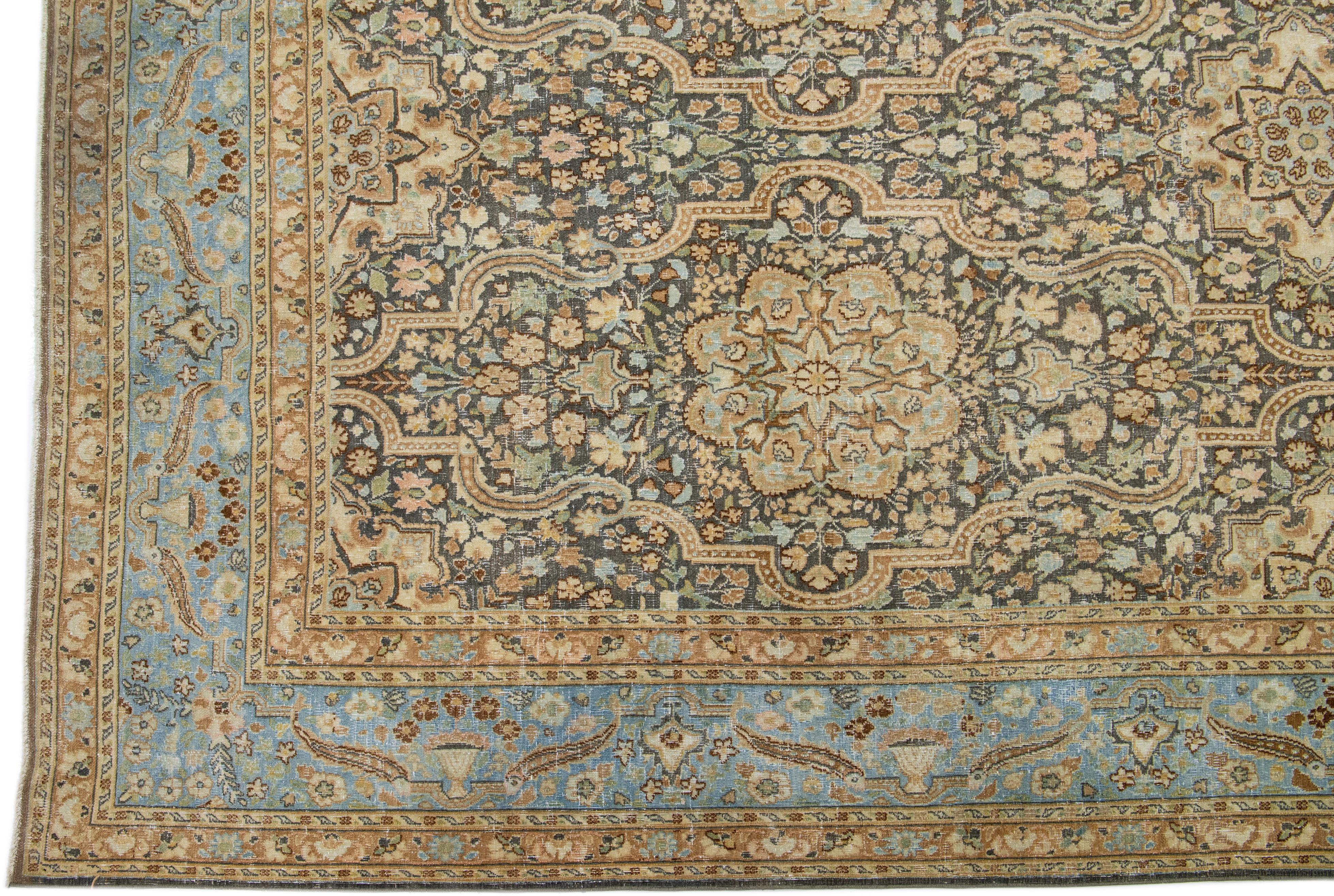 20th Century Allover Floral Vintage Handmade Persian Tabriz Wool Rug in Grey For Sale