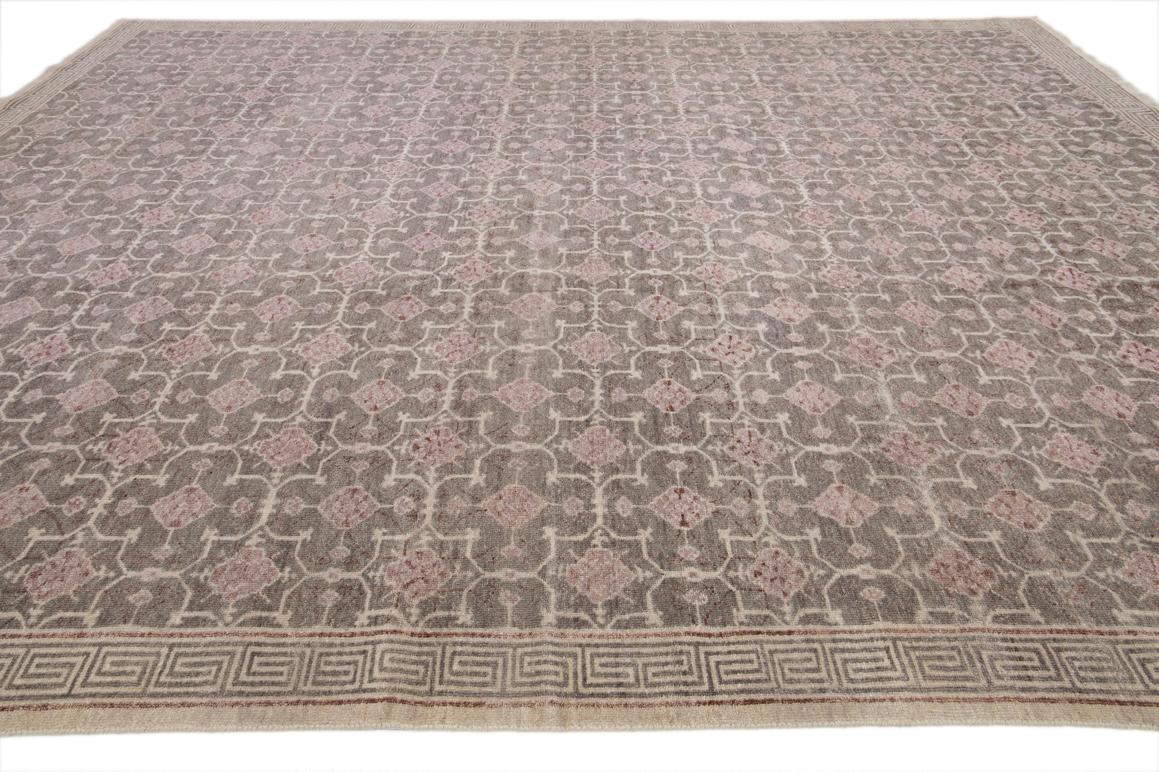Hand-Knotted Allover Geometric Modern Khotan Style Wool Rug Handmade In Gray For Sale