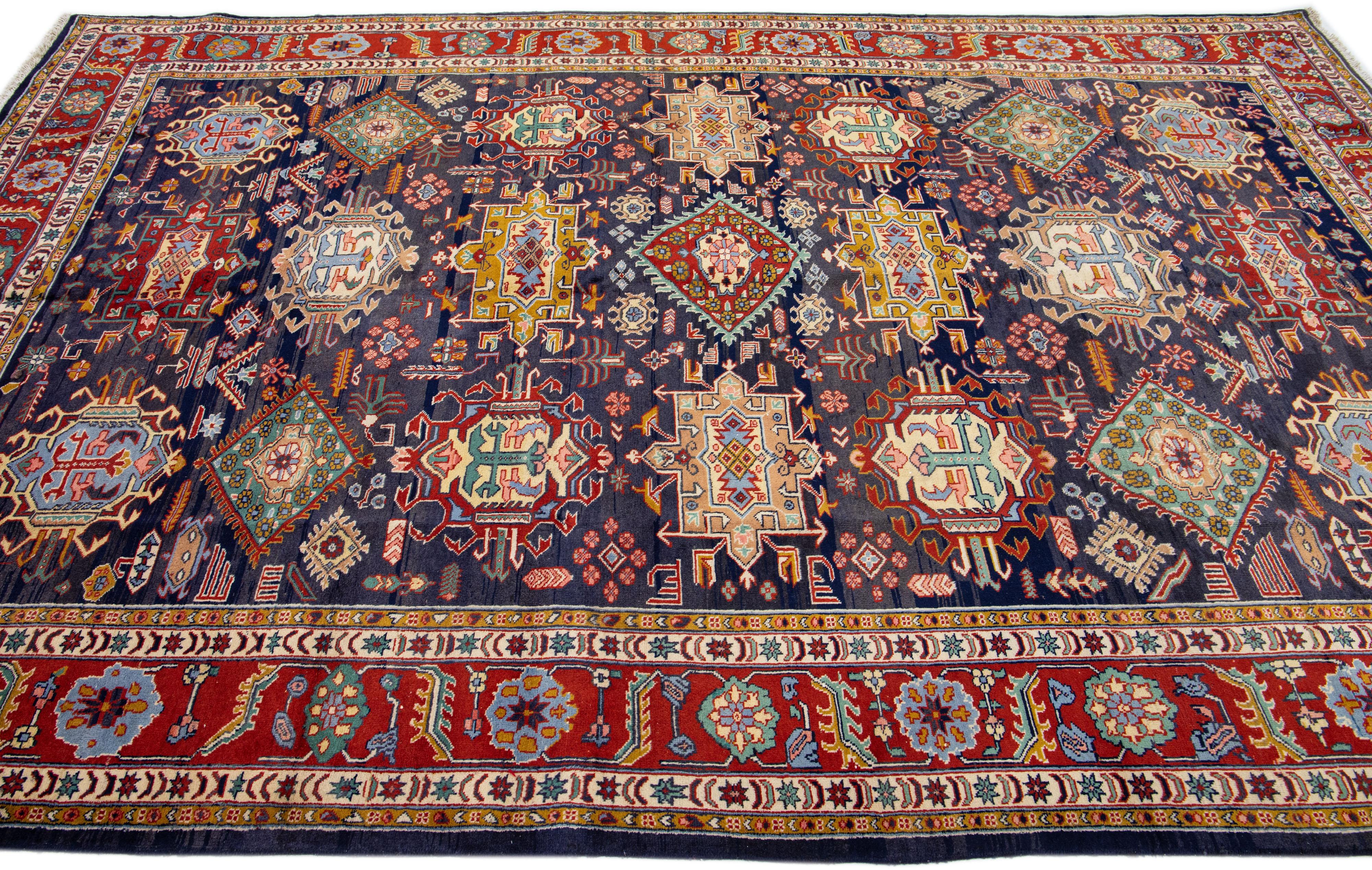 Persian Allover Geometric Vintage Heriz Handmade Wool Rug in Blue For Sale