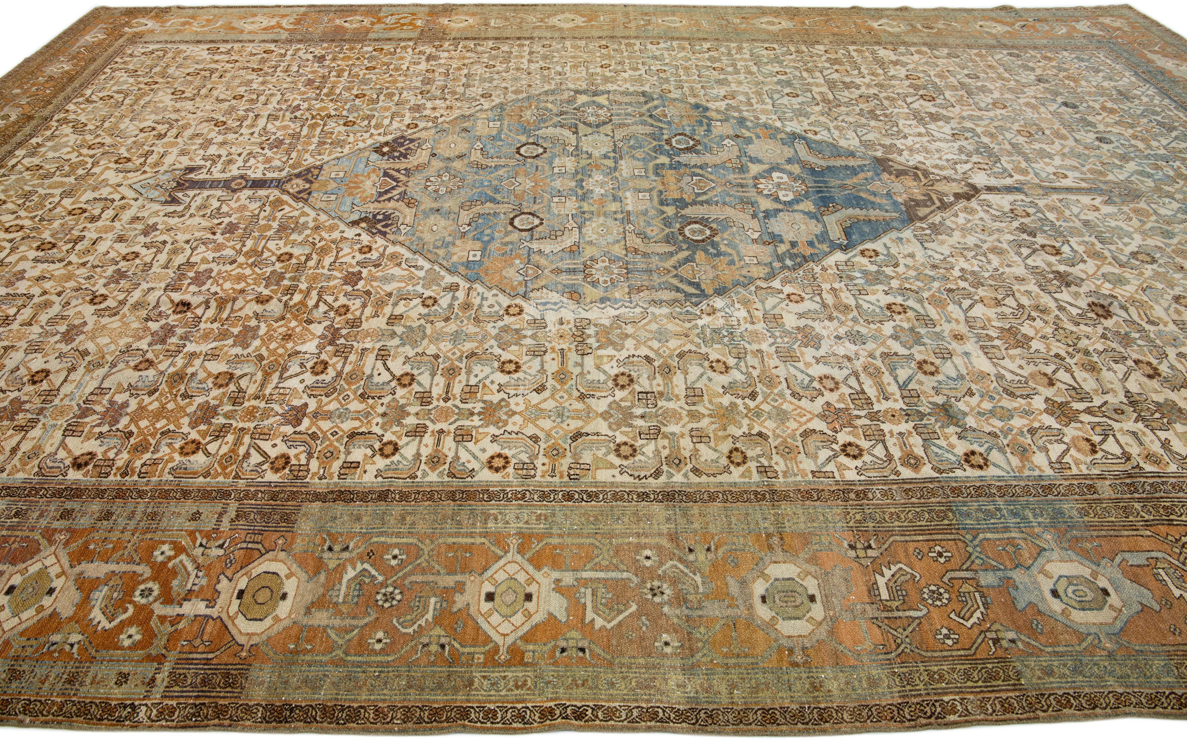 Islamic Allover Handmade 1900s Persian Malayer Wool Rug In Beige For Sale