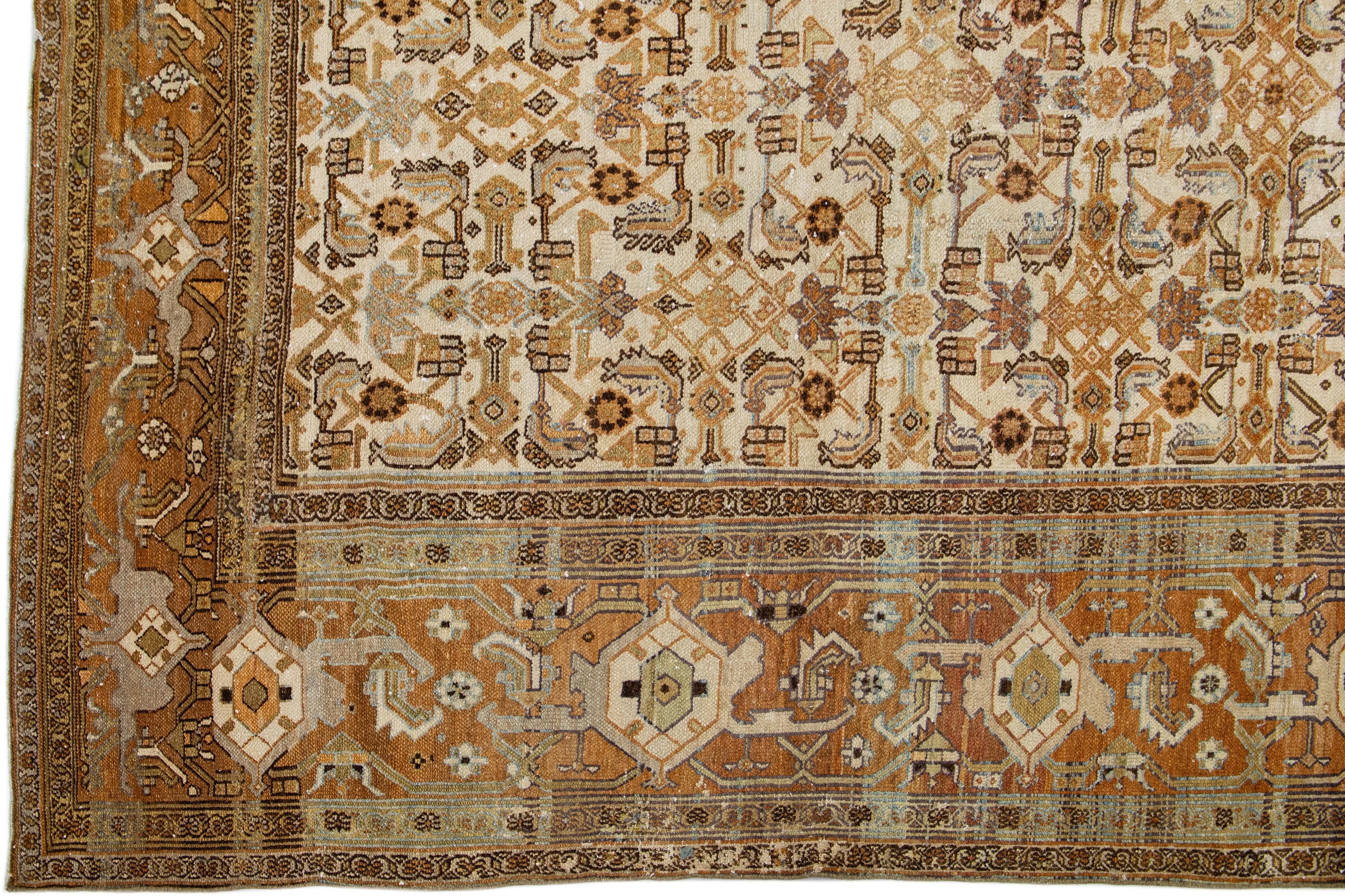 Hand-Knotted Allover Handmade 1900s Persian Malayer Wool Rug In Beige For Sale