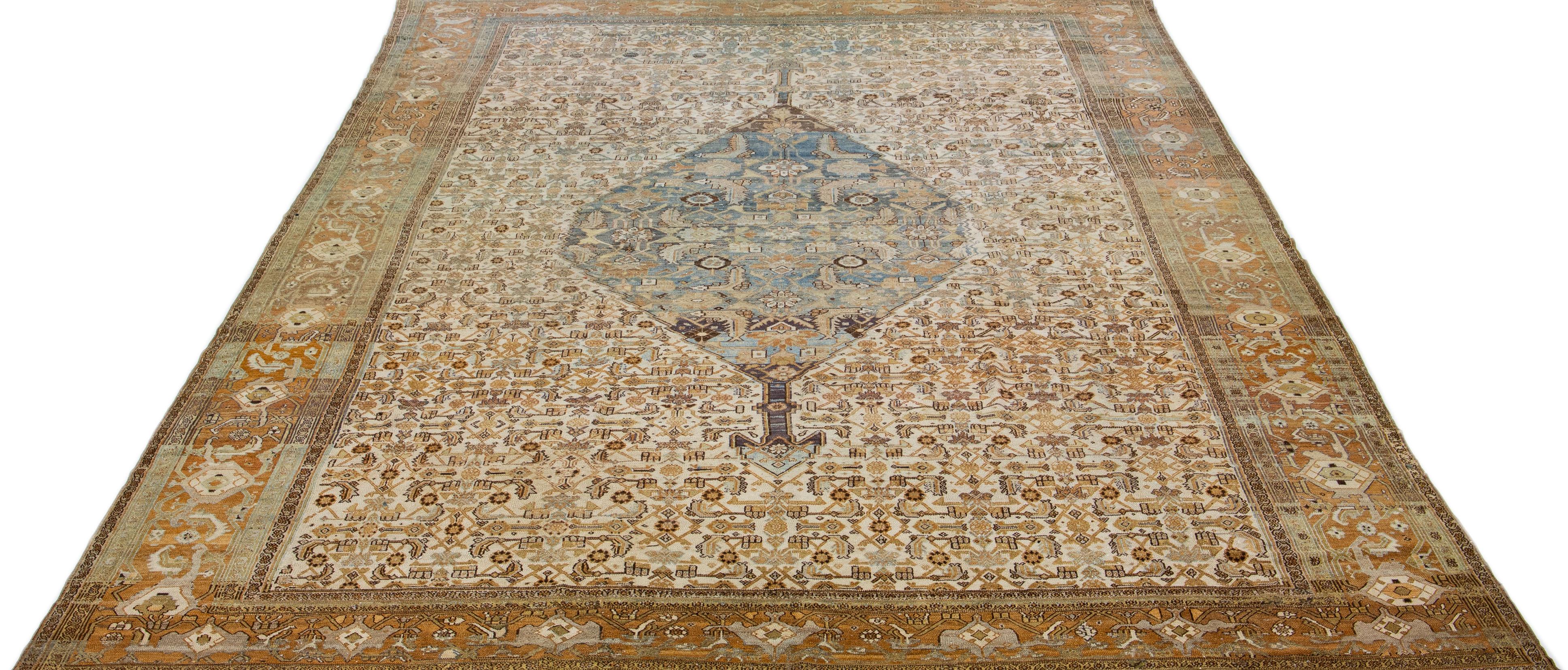Allover Handmade 1900s Persian Malayer Wool Rug In Beige In Good Condition For Sale In Norwalk, CT