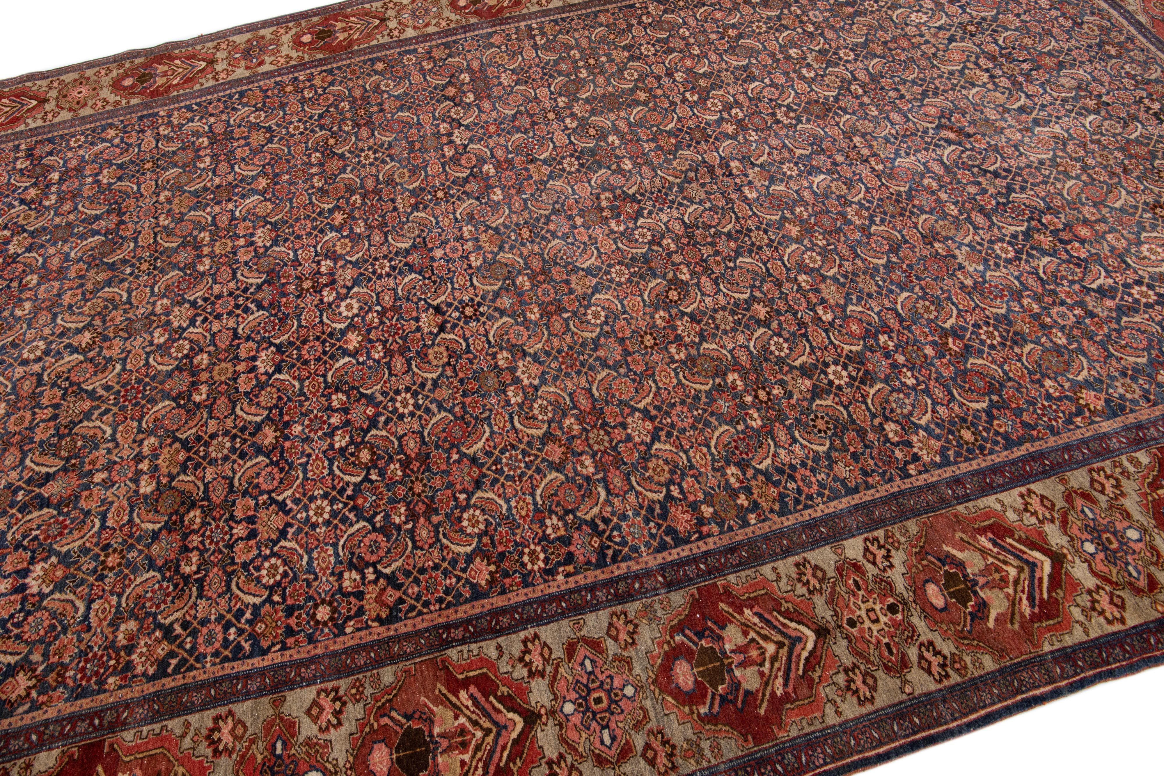 Islamic Allover Handmade Antique Bidjar Wool Rug With Blue & Rust Color Field For Sale
