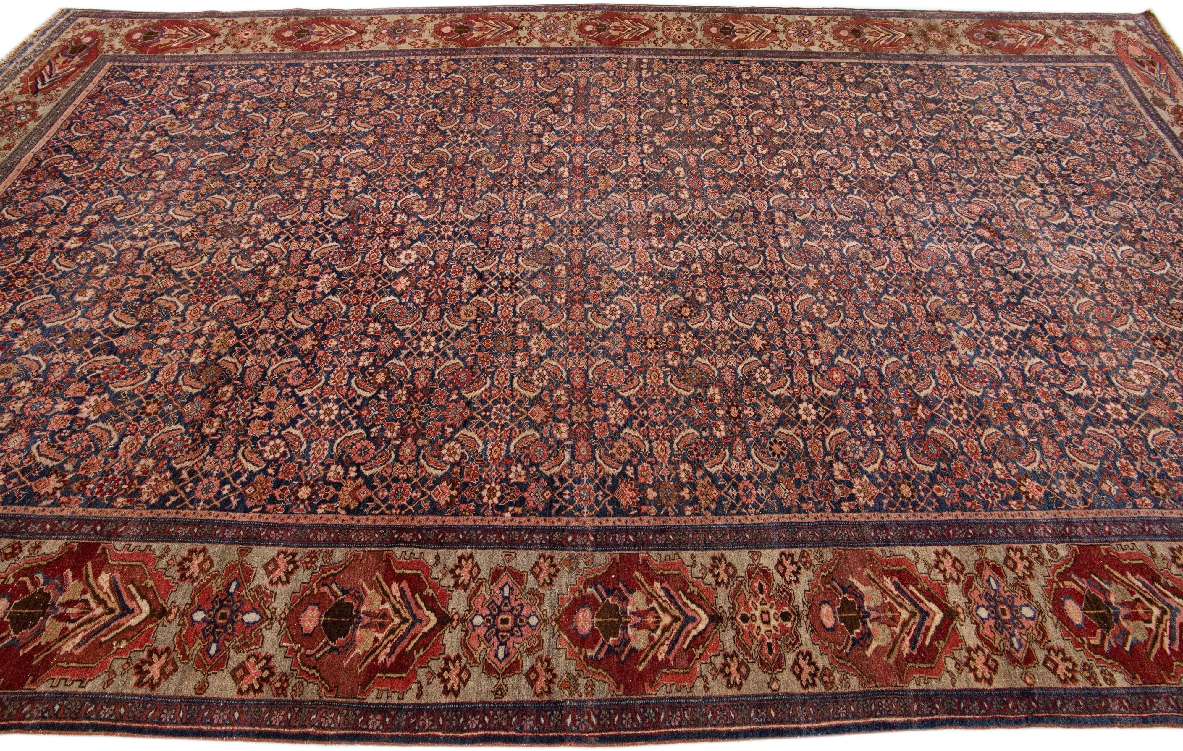 Persian Allover Handmade Antique Bidjar Wool Rug With Blue & Rust Color Field For Sale
