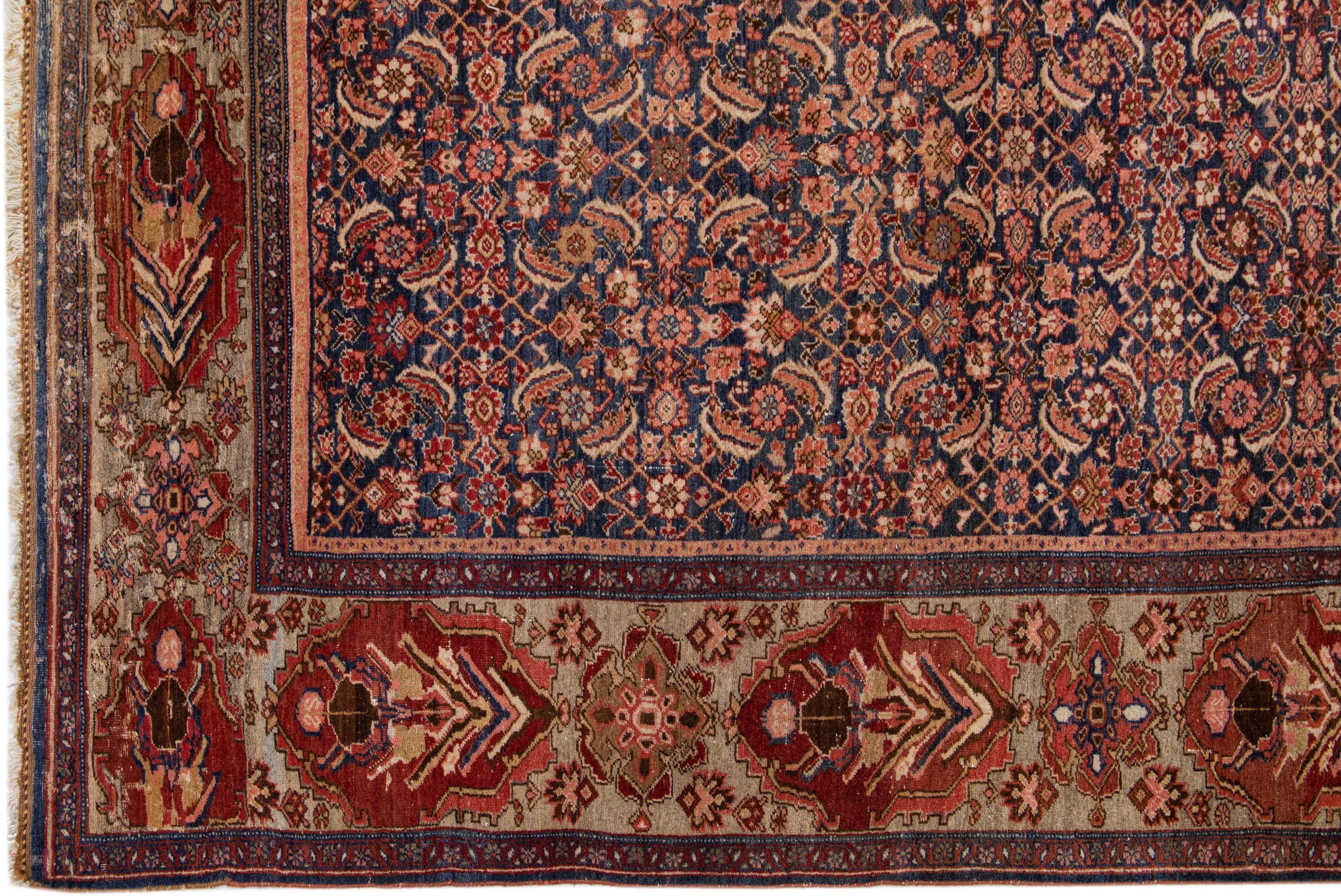 Allover Handmade Antique Bidjar Wool Rug With Blue & Rust Color Field In Good Condition For Sale In Norwalk, CT