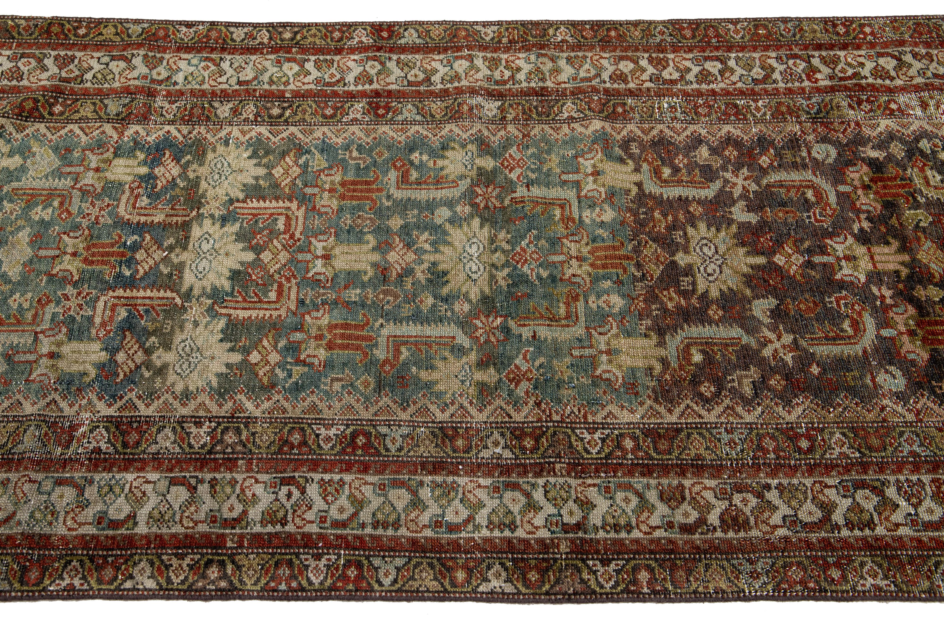 Allover Handmade Antique Malayer Persian Long Wool Runner In Blue & Rust Color In Distressed Condition For Sale In Norwalk, CT