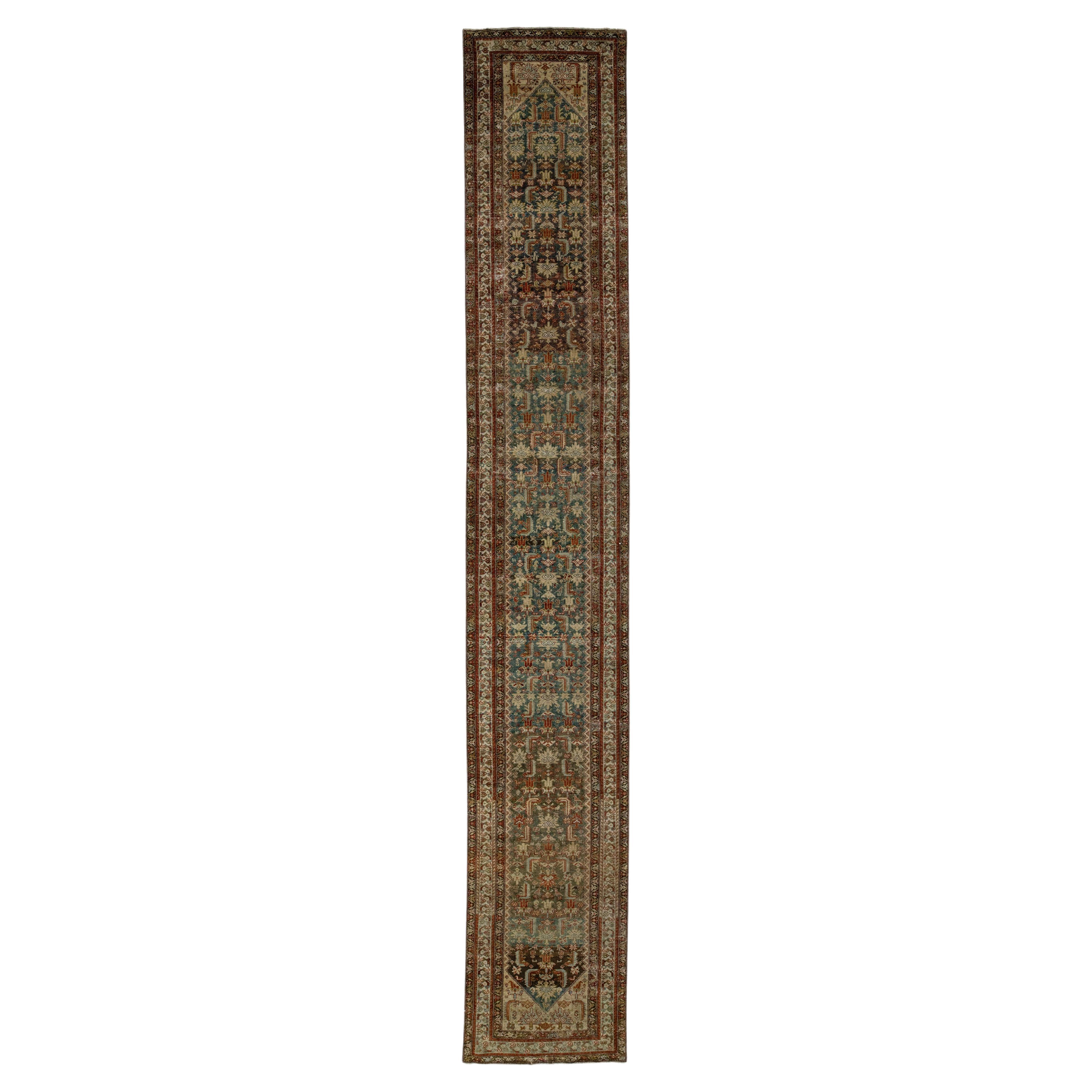Allover Handmade Antique Malayer Persian Long Wool Runner In Blue & Rust Color For Sale