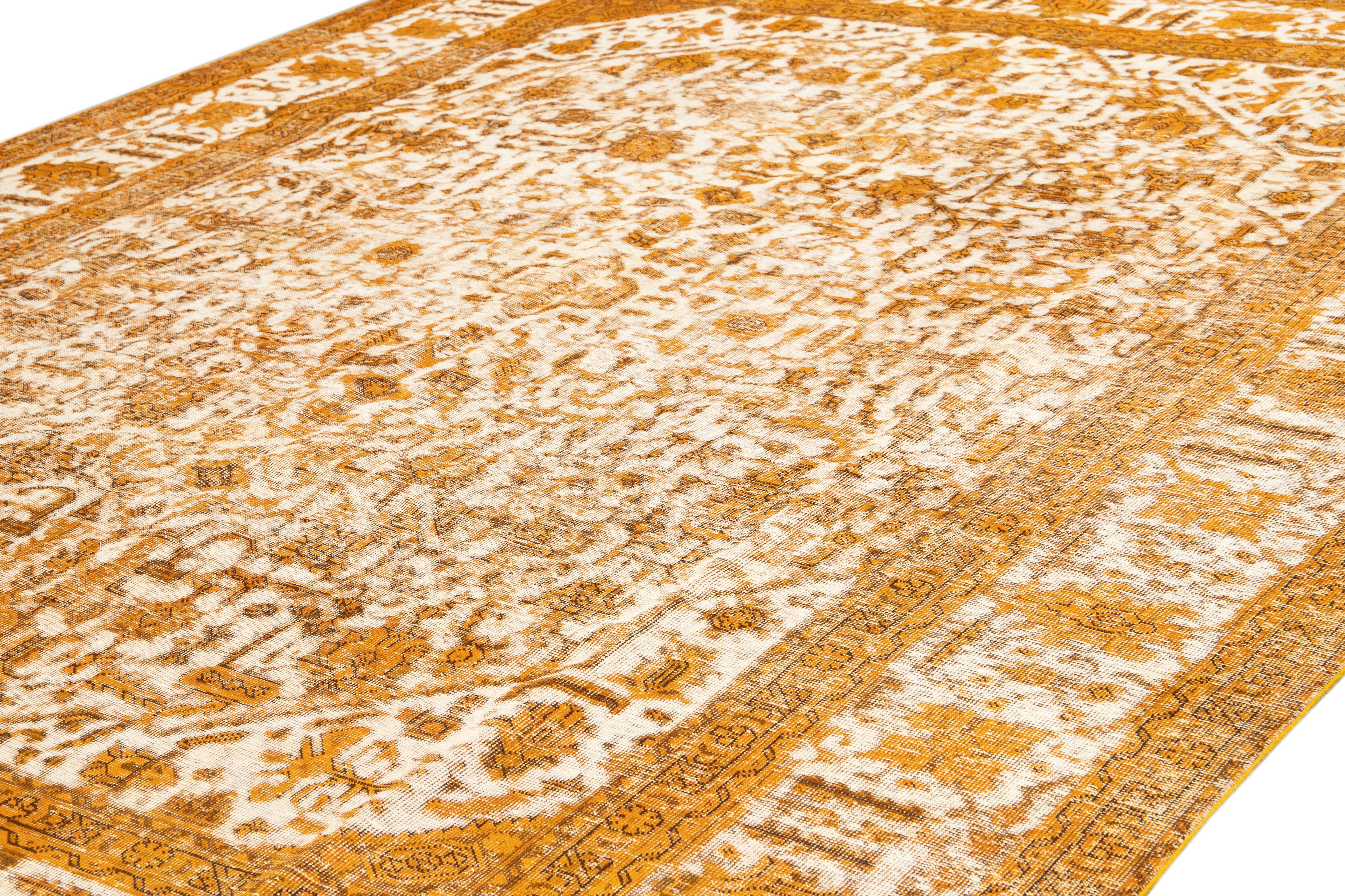 Islamic 1960s Allover Handmade Vintage Overdyed Wool Rug in Orange and Beige Color For Sale