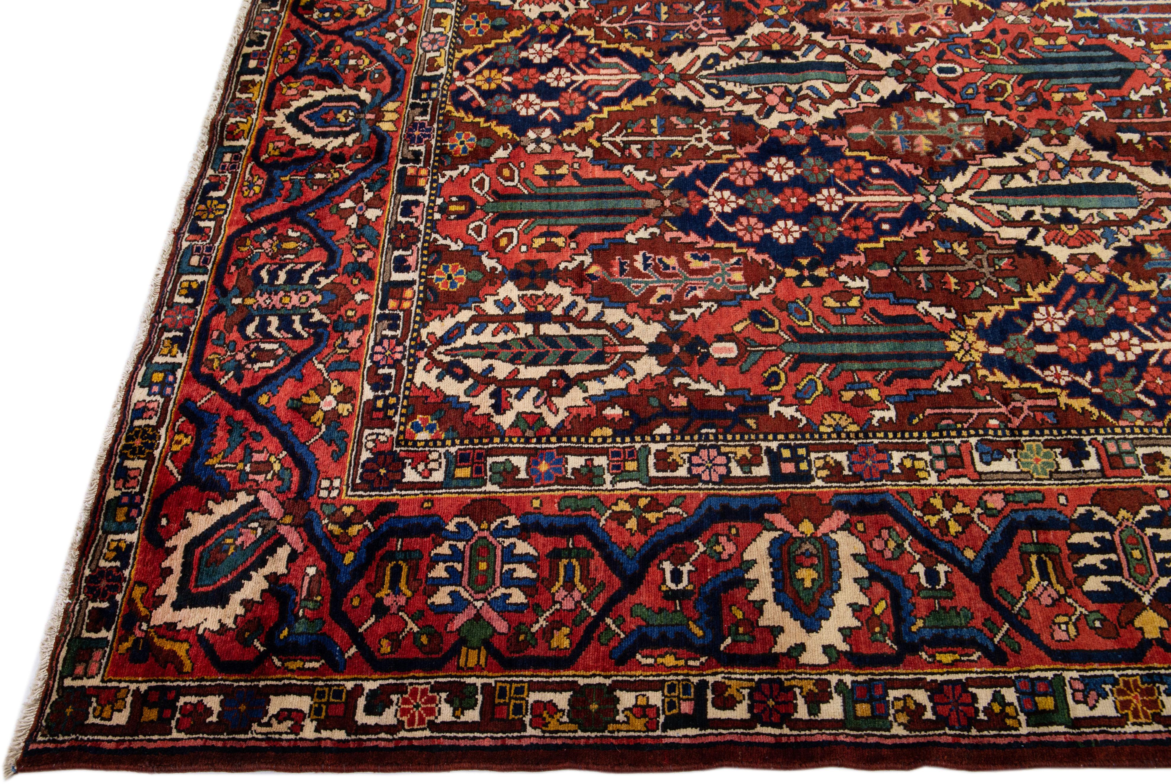 Islamic Allover Handmade Antique Persian Bakhtiari Red Wool Rug  For Sale