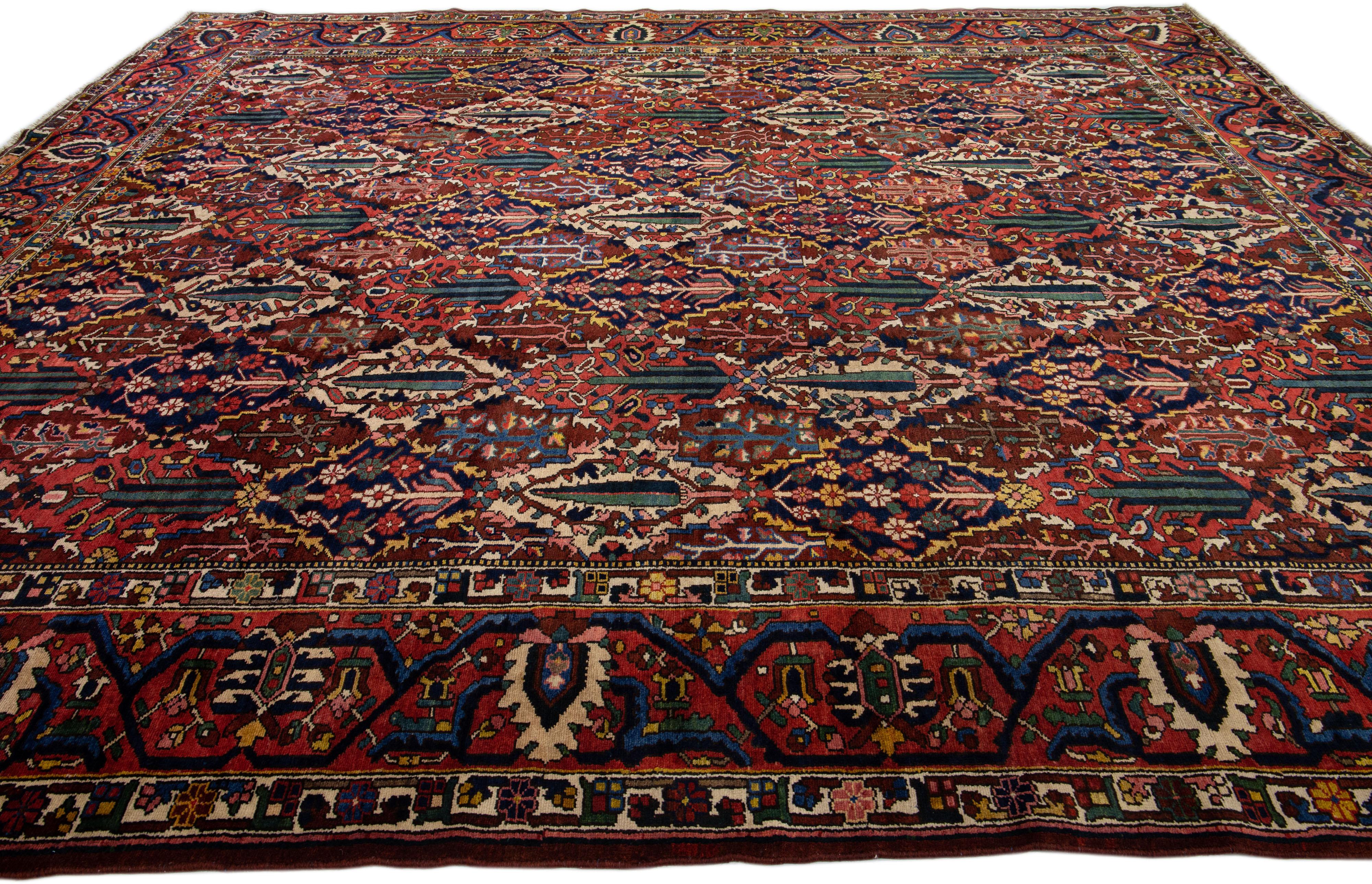 Hand-Knotted Allover Handmade Antique Persian Bakhtiari Red Wool Rug  For Sale