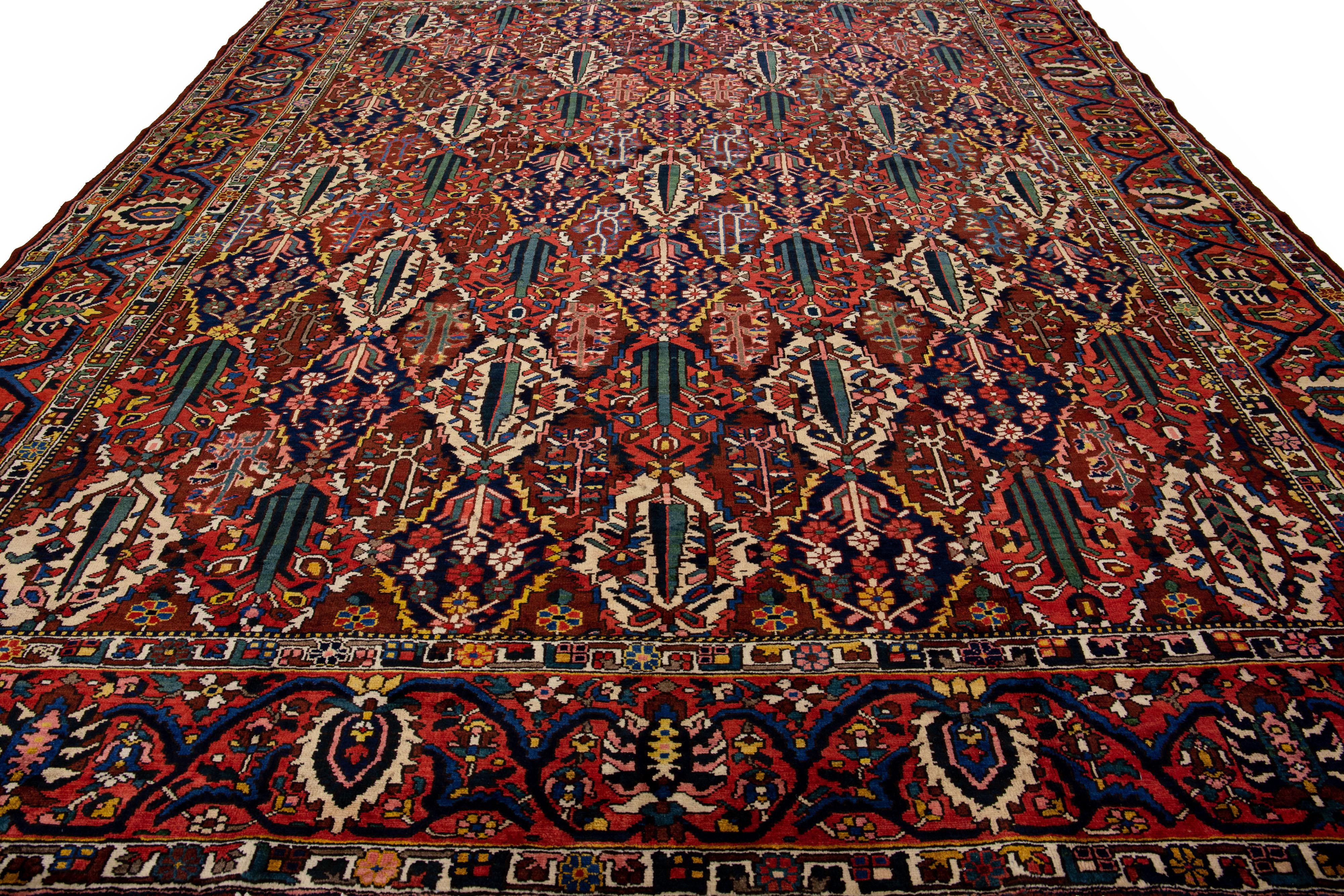 20th Century Allover Handmade Antique Persian Bakhtiari Red Wool Rug  For Sale