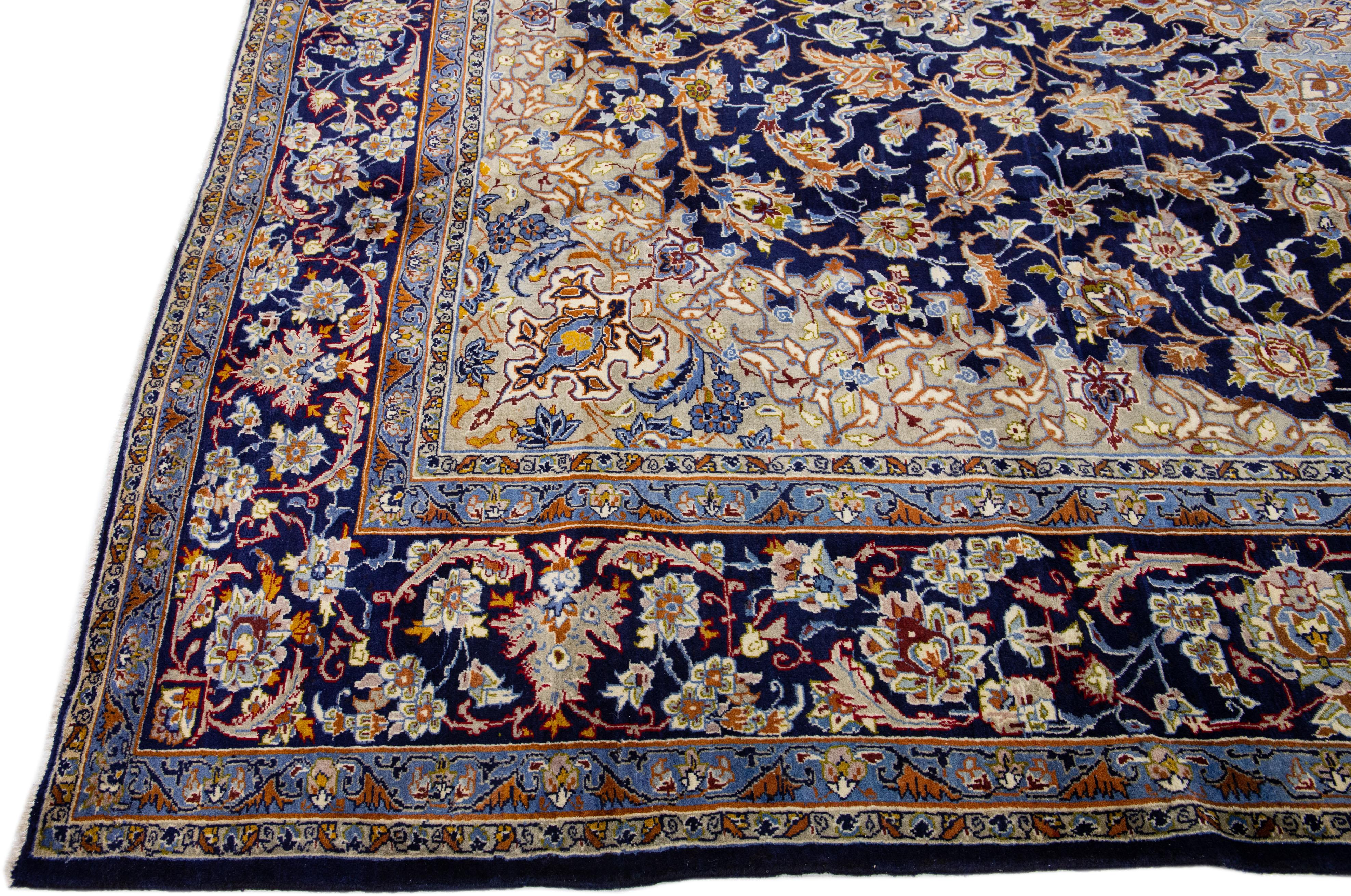 Tabriz Allover Handmade Antique Persian Isfahan Natural Wool Rug in Blue For Sale