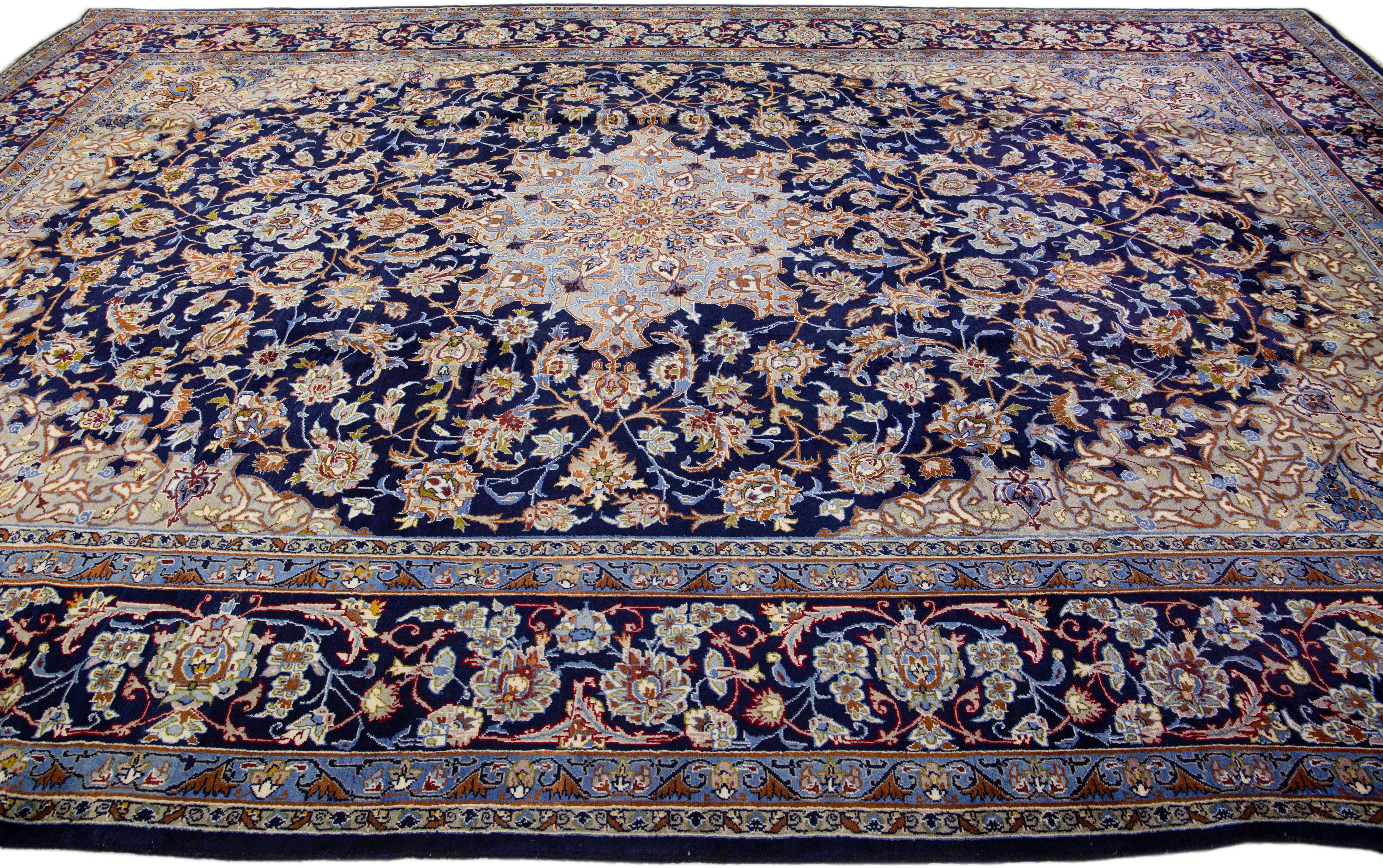 Hand-Knotted Allover Handmade Antique Persian Isfahan Natural Wool Rug in Blue For Sale