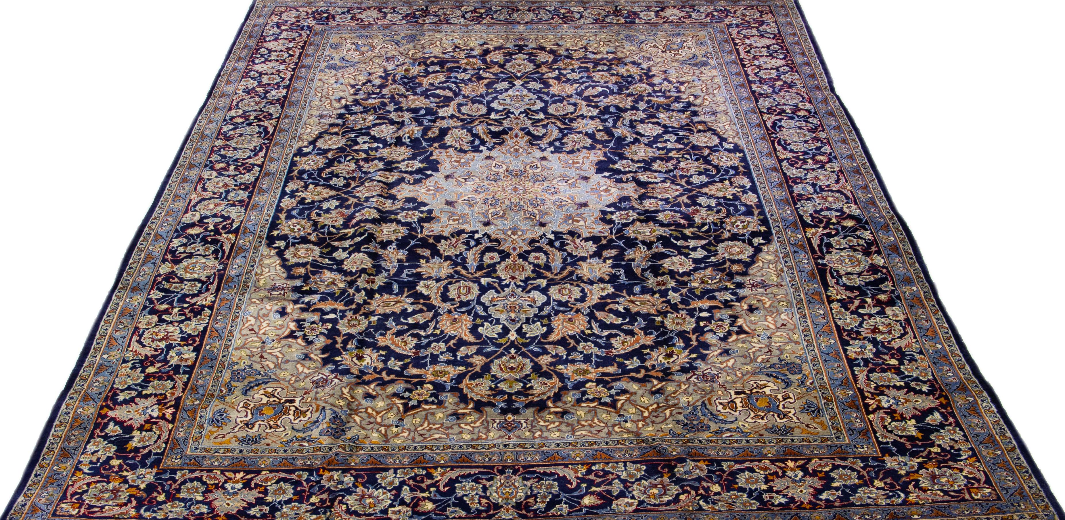 Allover Handmade Antique Persian Isfahan Natural Wool Rug in Blue In Good Condition For Sale In Norwalk, CT