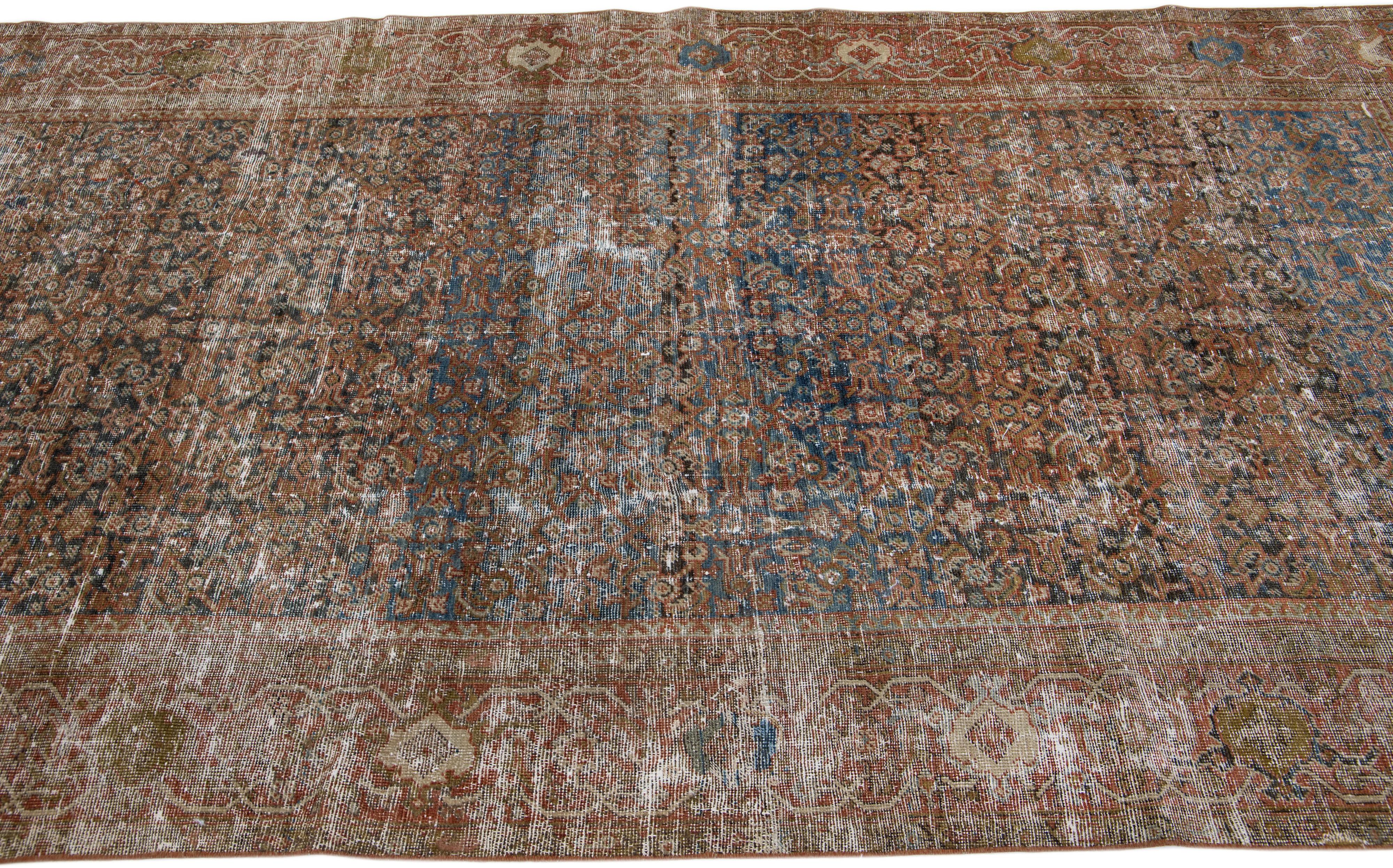 Hand-Knotted Allover Handmade Antique Persian Mahal Blue Wool Rug For Sale
