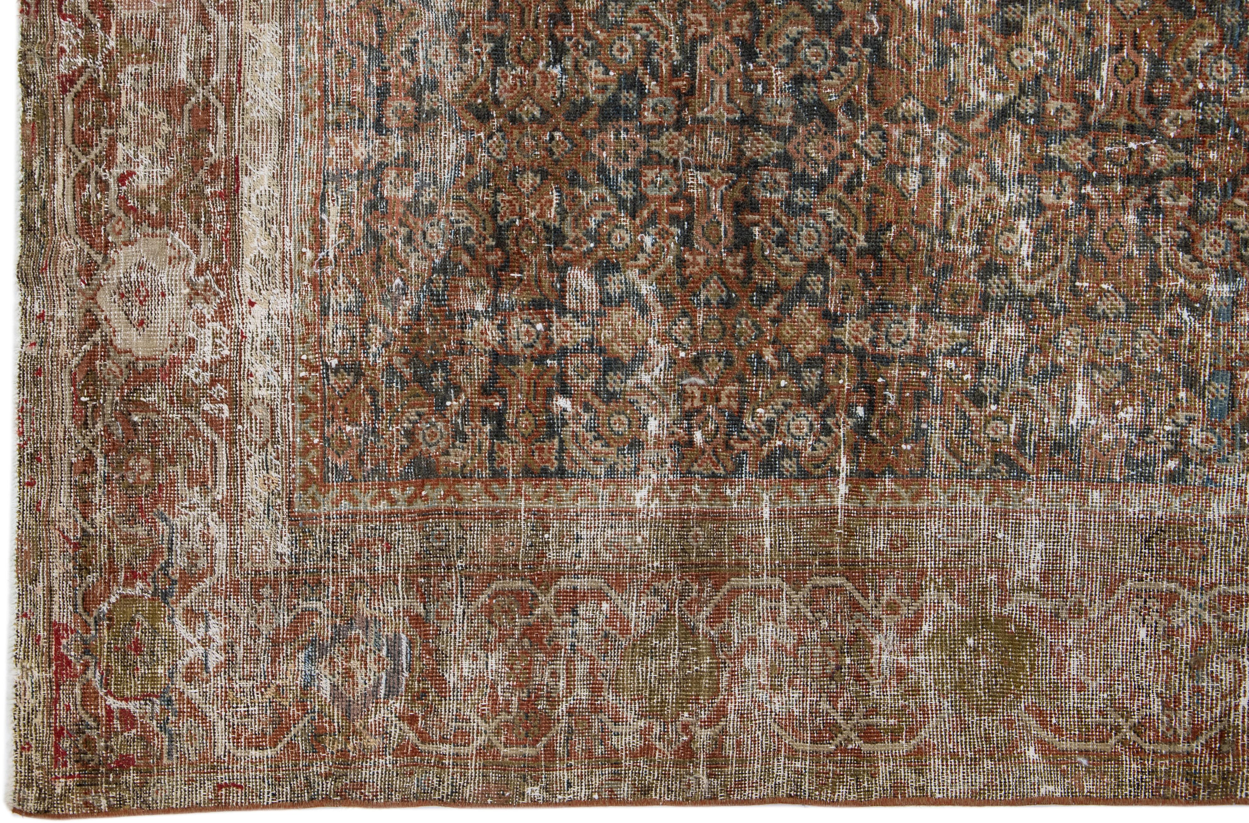 Allover Handmade Antique Persian Mahal Blue Wool Rug In Distressed Condition For Sale In Norwalk, CT