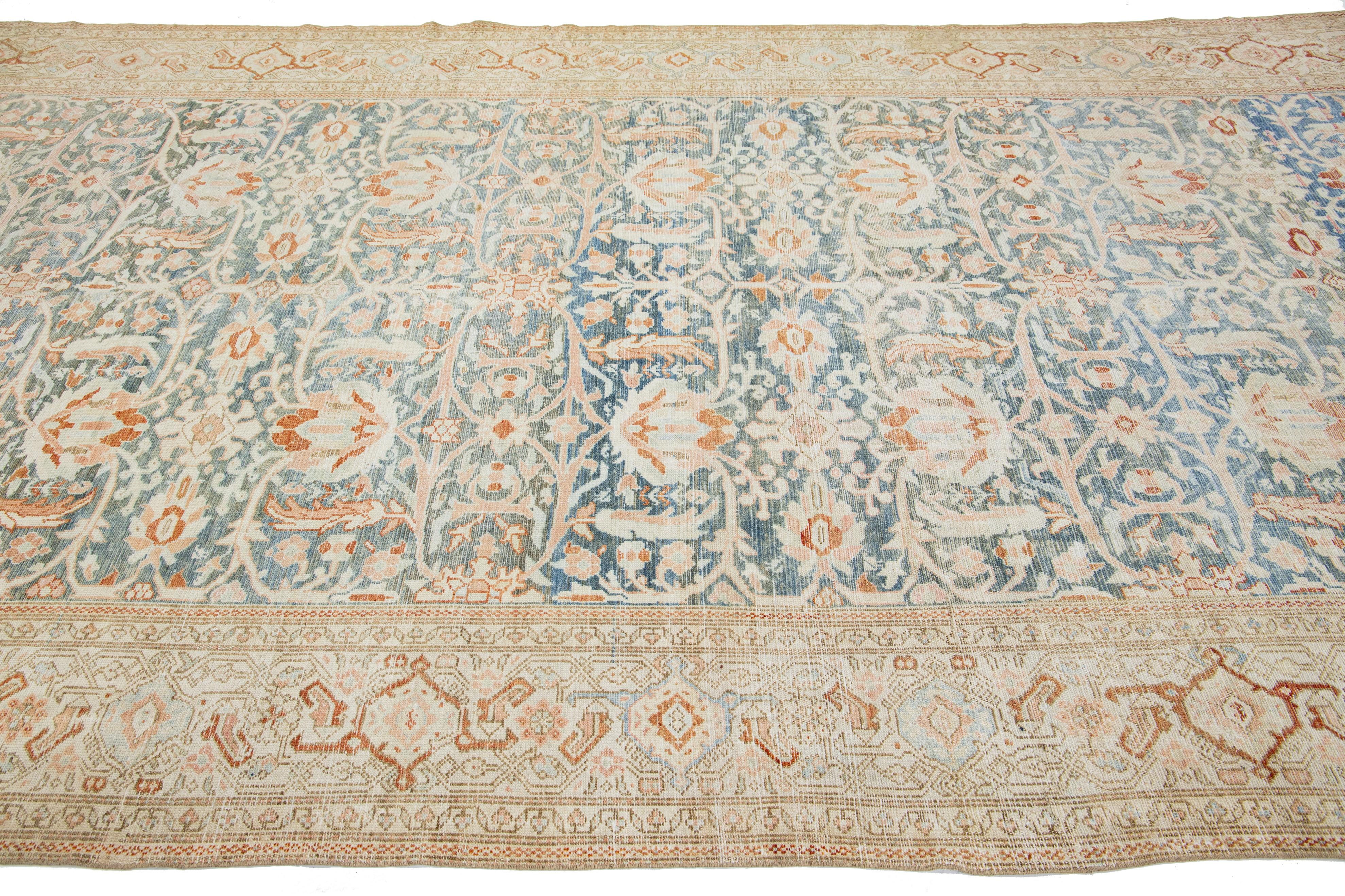 Allover Handmade Antique Persian Malayer Wool Rug In Blue In Excellent Condition For Sale In Norwalk, CT