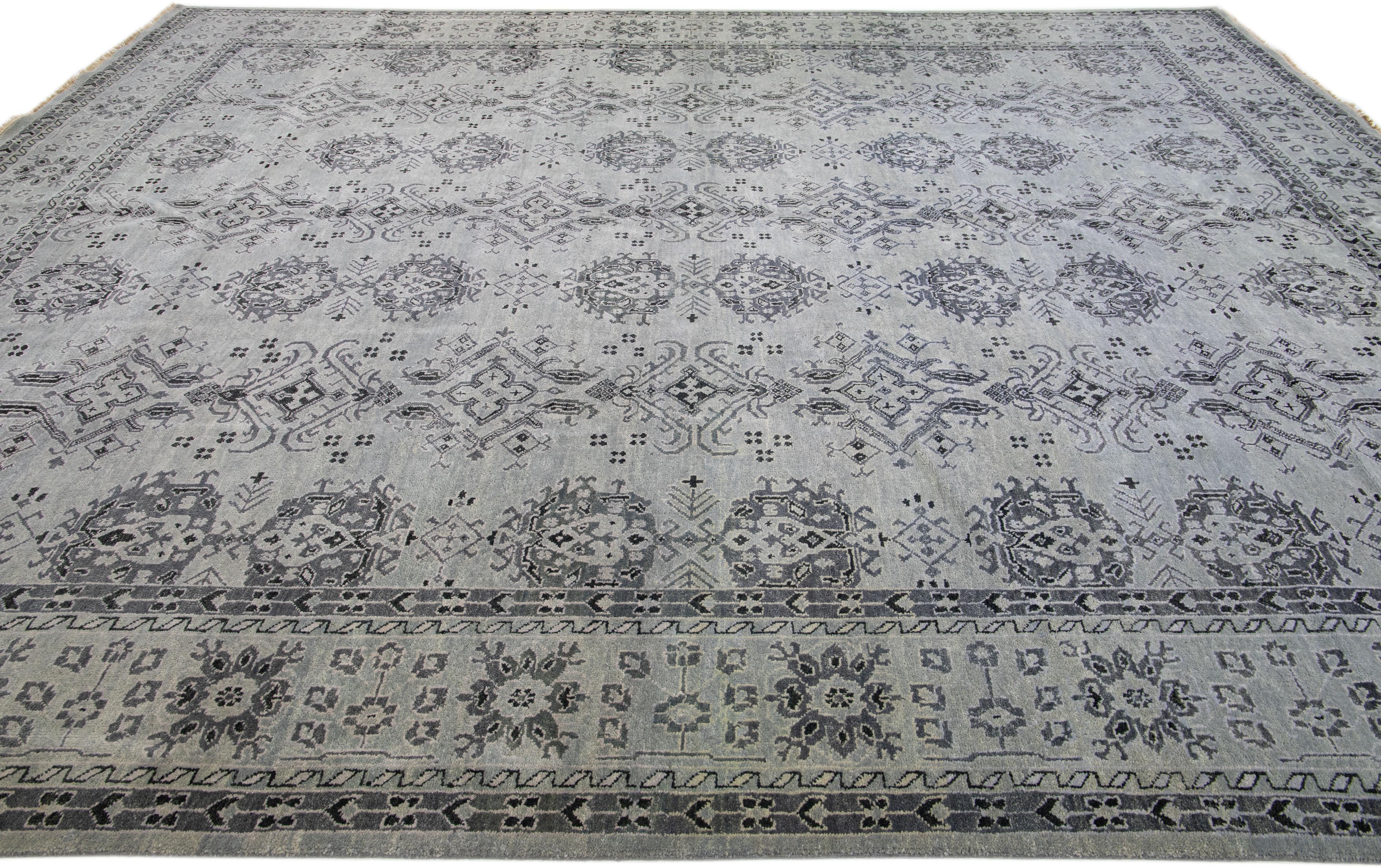 Hand-Knotted Allover Handmade Modern Oushak Style Wool Rug In Light Gray  For Sale