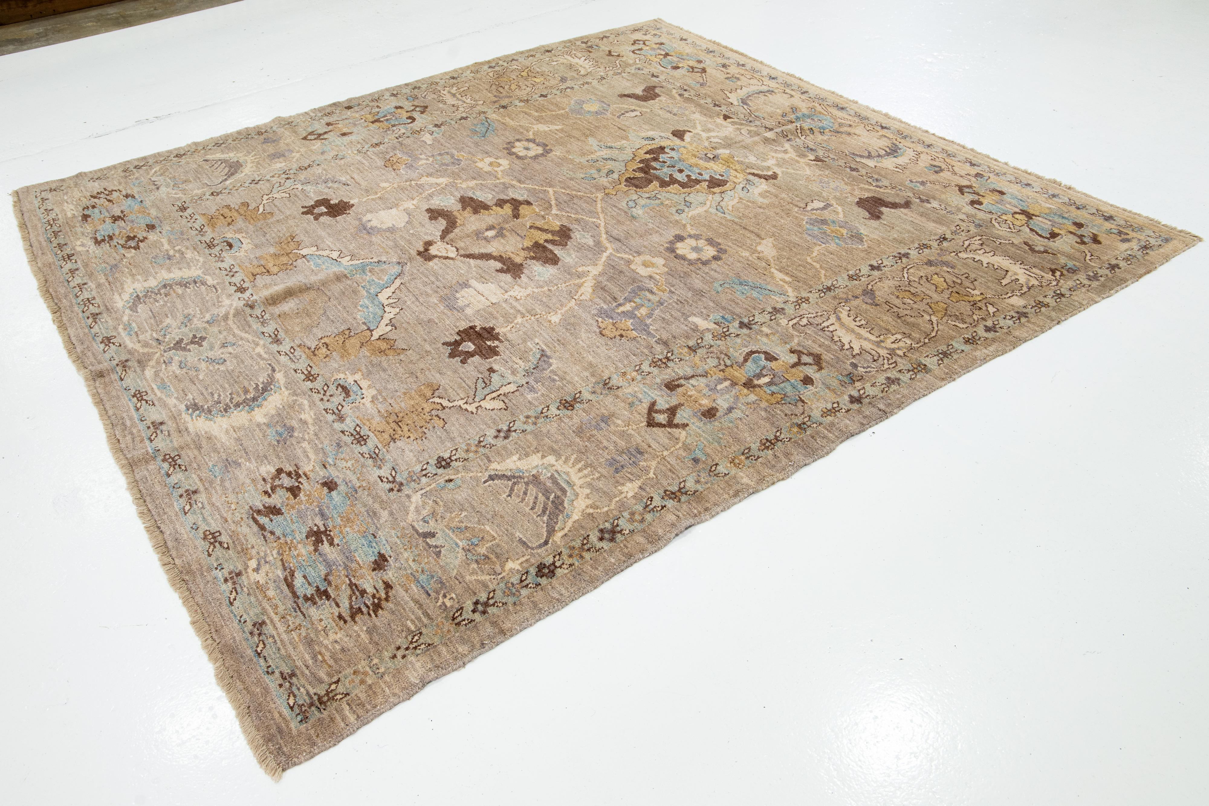 Allover Modern Designed Sultanabad Square Wool Rug In Light Brown In New Condition For Sale In Norwalk, CT