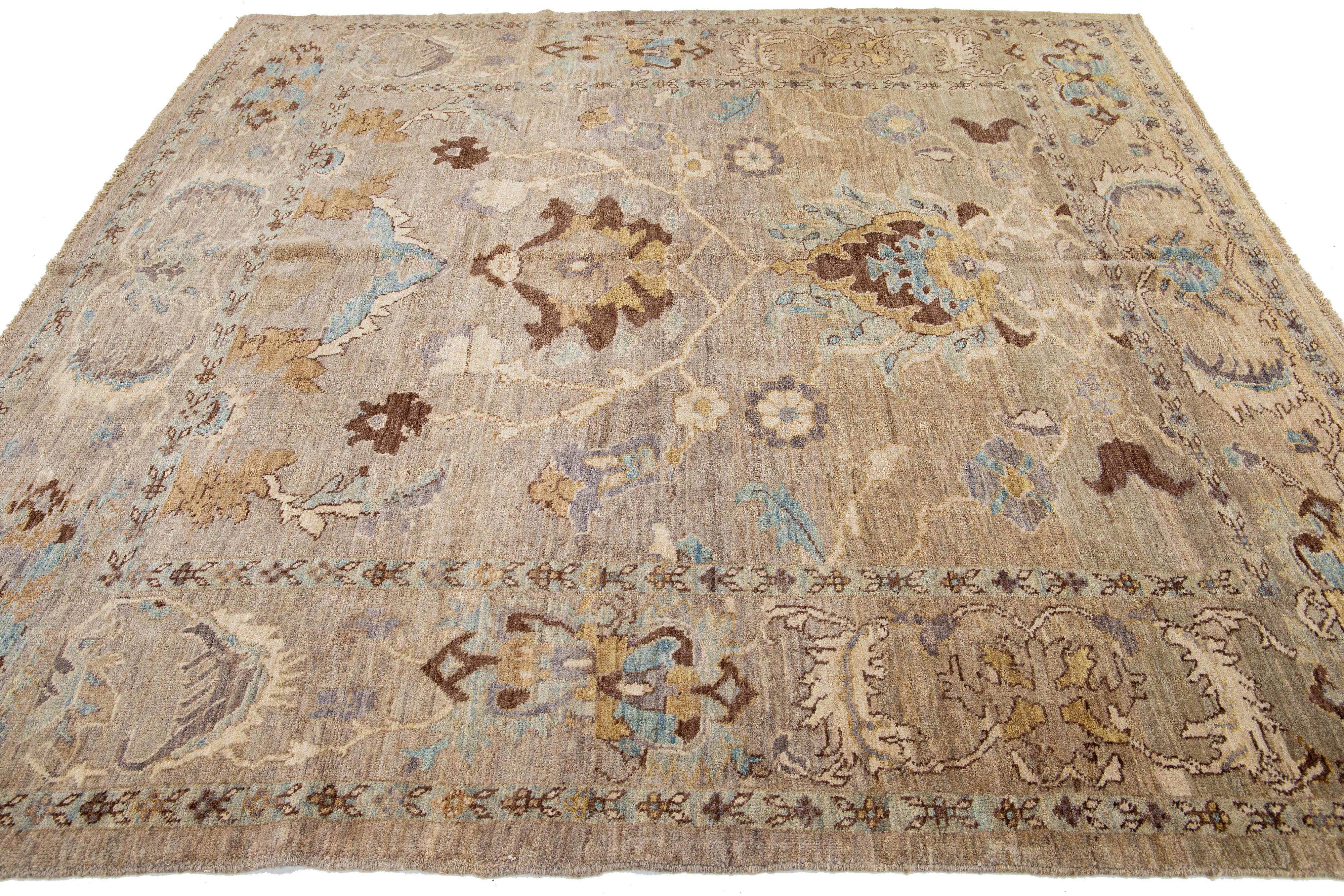Allover Modern Designed Sultanabad Square Wool Rug In Light Brown For Sale 2