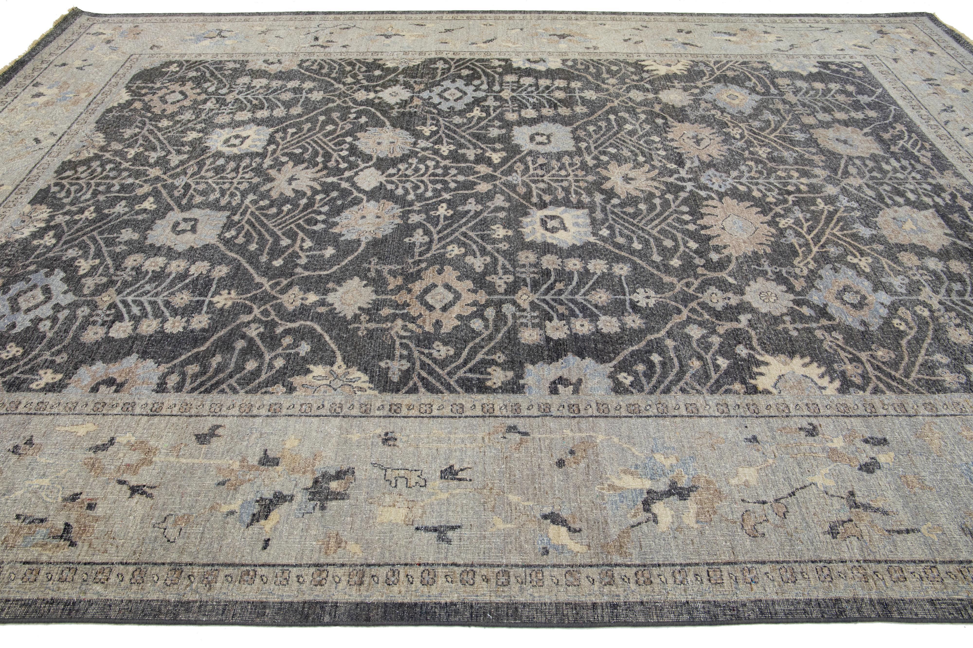 Allover Modern Mahal Indian Wool Rug In Charcoal Color by Apadana In New Condition For Sale In Norwalk, CT