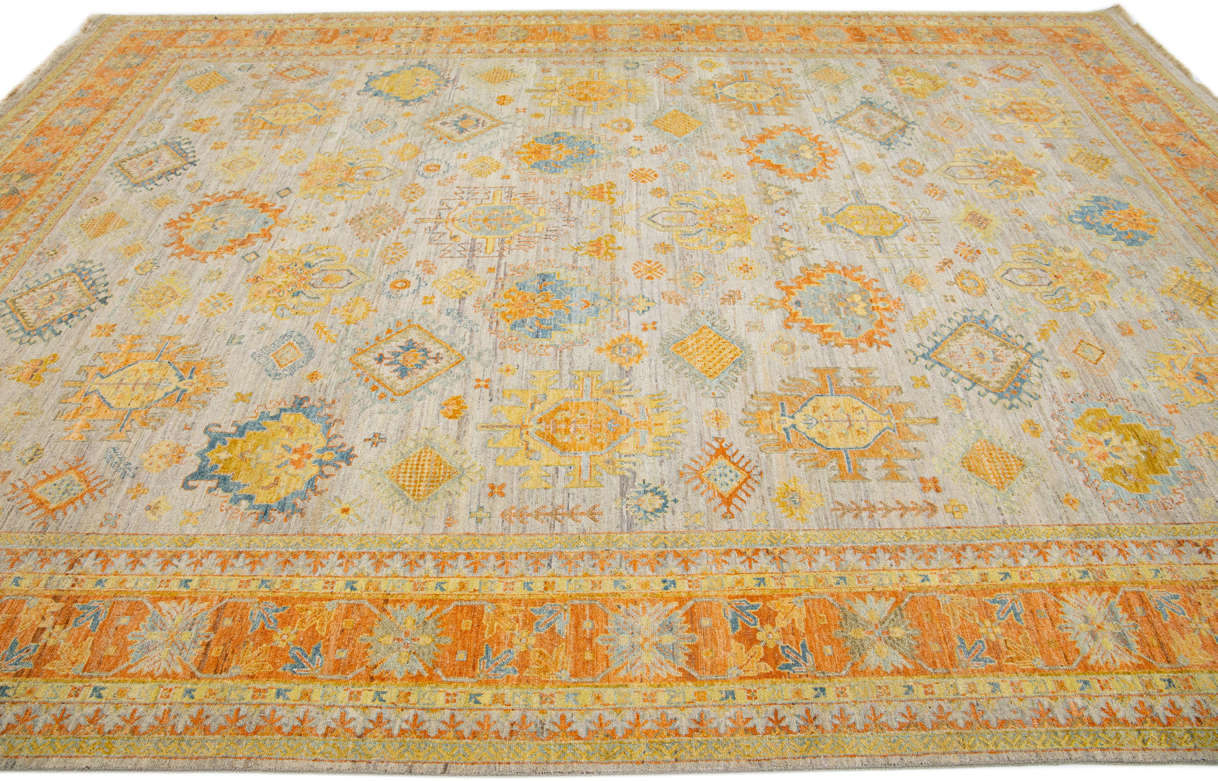 Hand-Knotted Allover Modern Persian Tabriz Style Wool Rug Handmade in Beige by Apadana For Sale