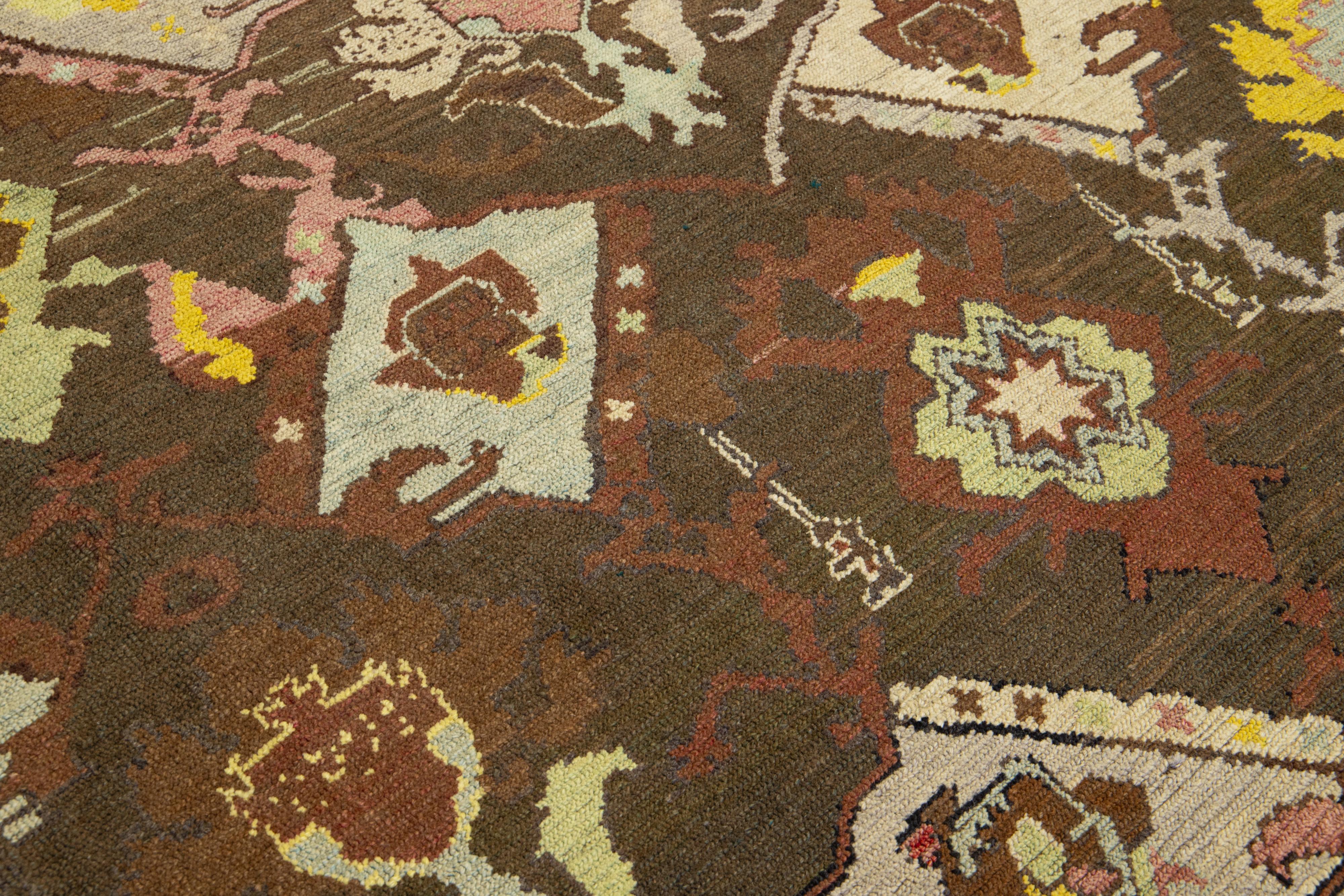 Allover Modern Revival Wool Rug Handmade In Brown 3