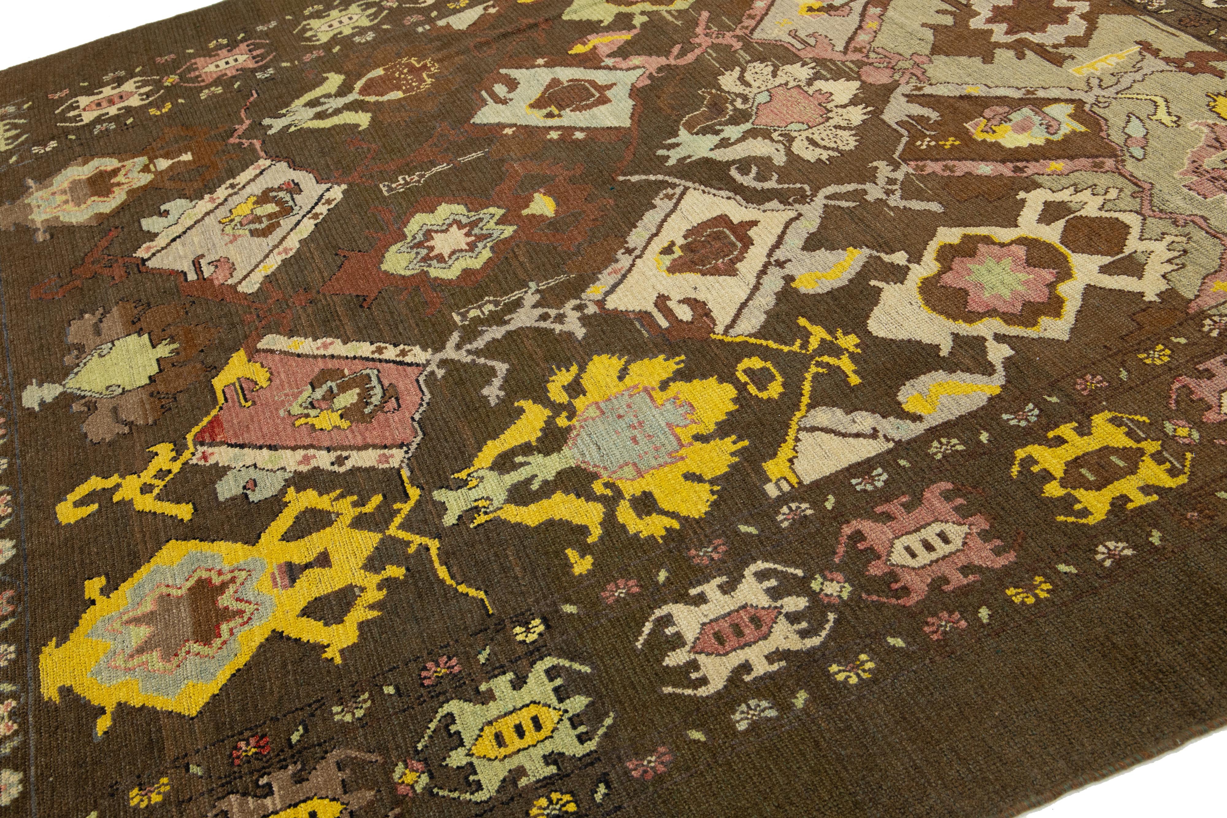 Afghan Allover Modern Revival Wool Rug Handmade In Brown