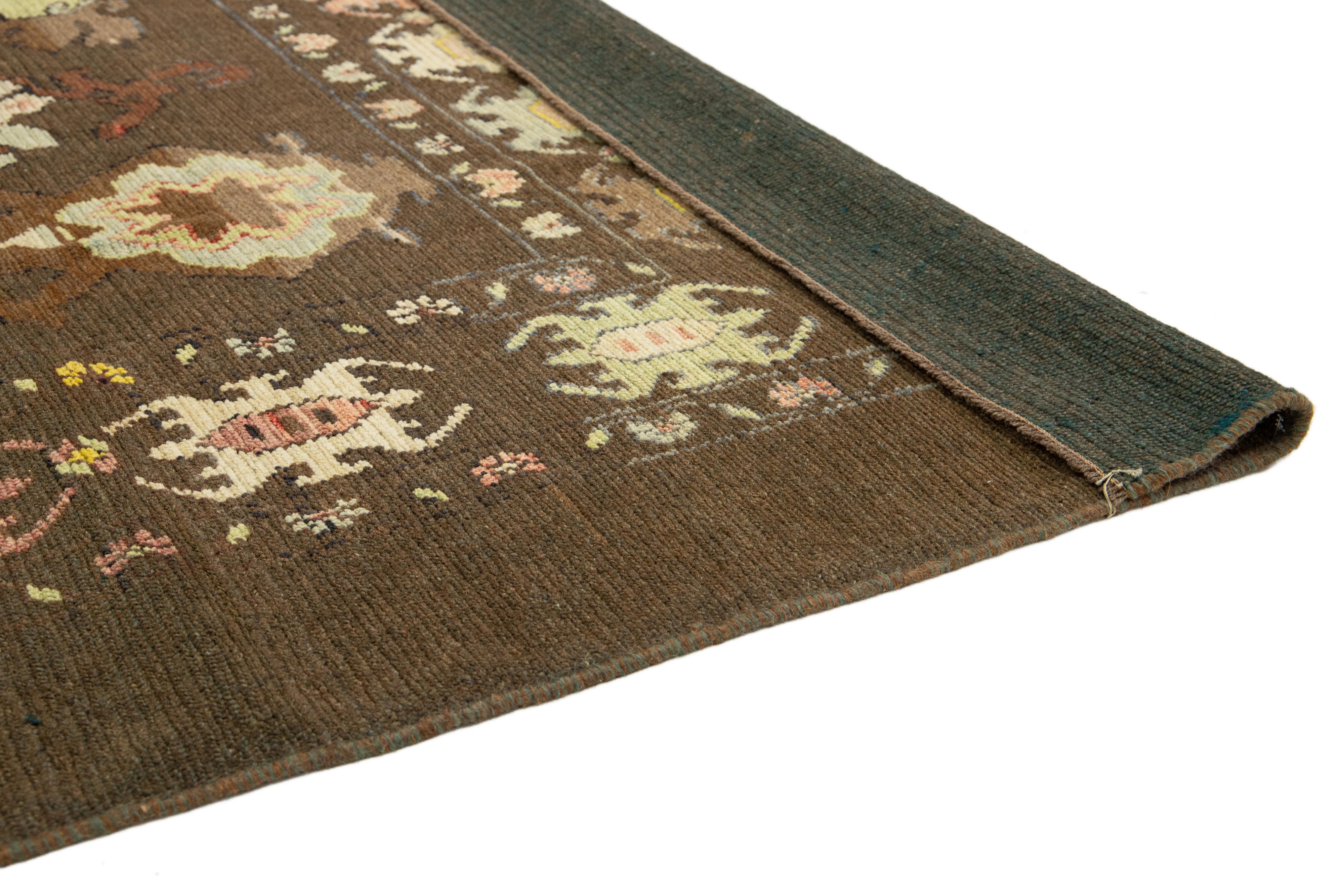Hand-Knotted Allover Modern Revival Wool Rug Handmade In Brown