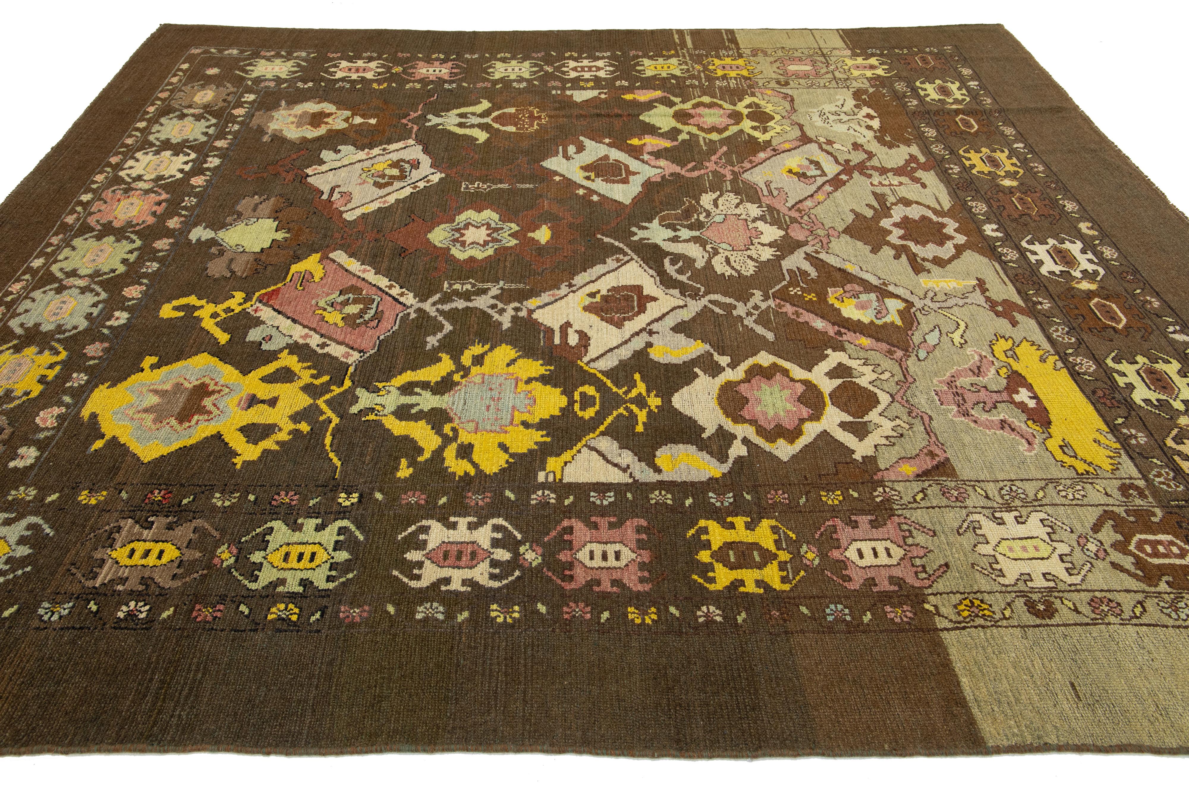 Allover Modern Revival Wool Rug Handmade In Brown In New Condition In Norwalk, CT