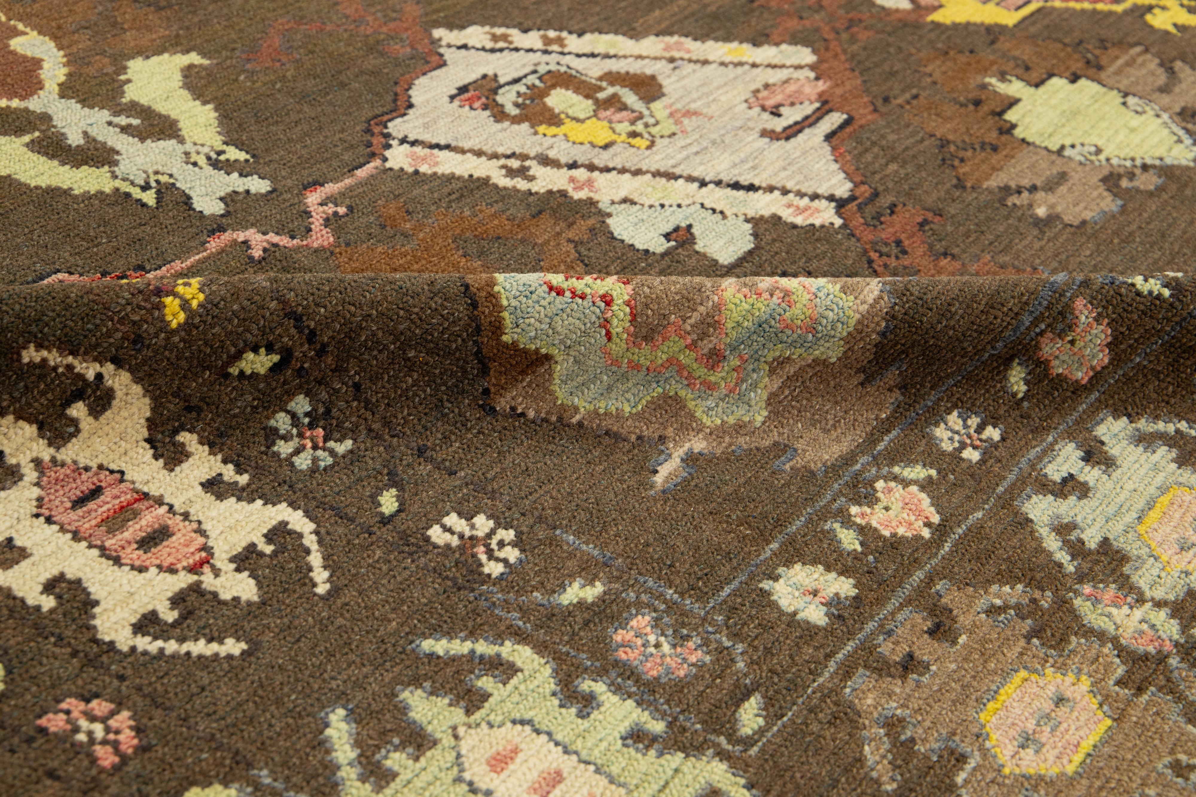 Contemporary Allover Modern Revival Wool Rug Handmade In Brown
