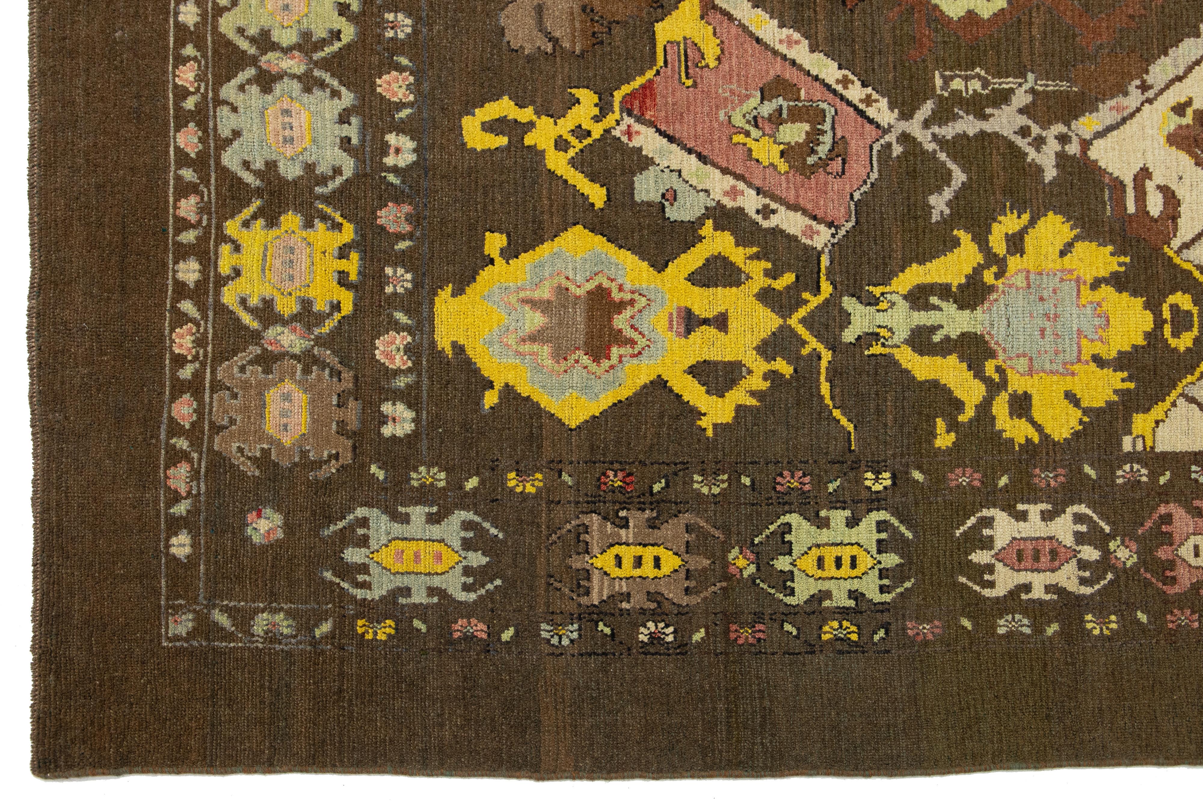 Allover Modern Revival Wool Rug Handmade In Brown 1