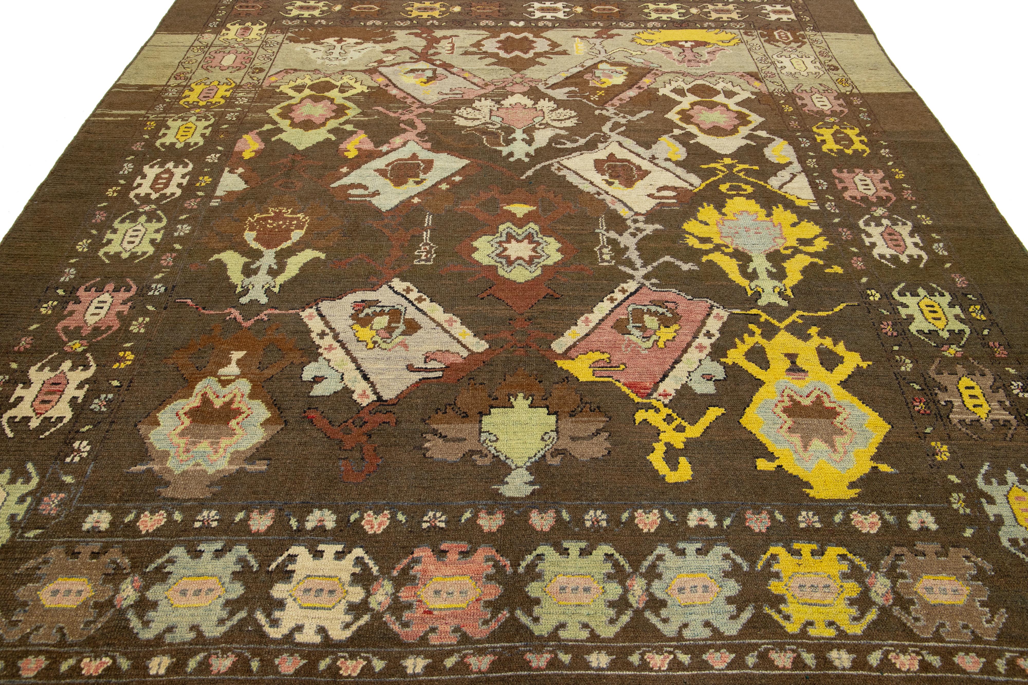 Allover Modern Revival Wool Rug Handmade In Brown 2