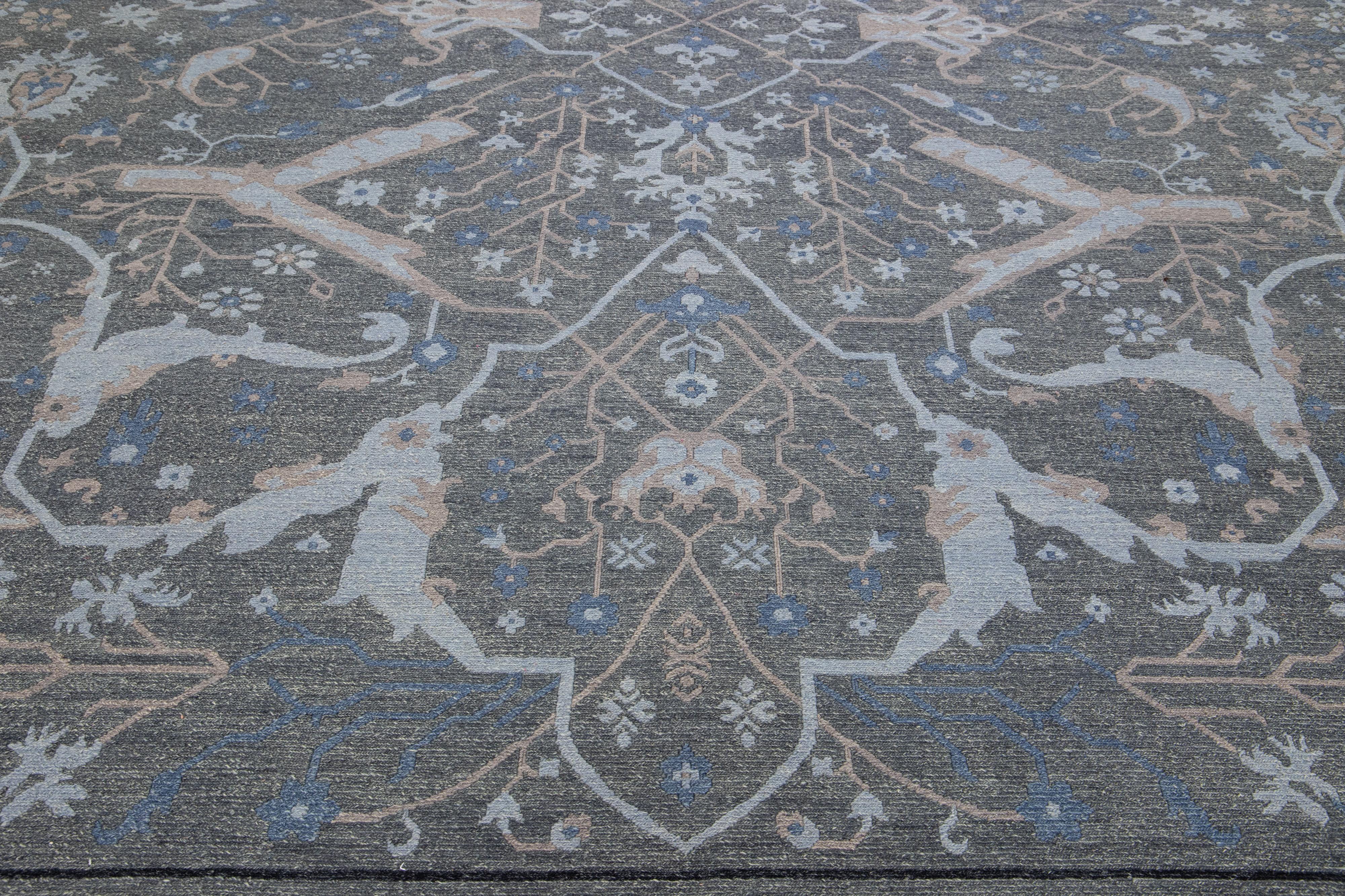 Allover Modern Soumak Handmade Wool Rug in Gray In New Condition For Sale In Norwalk, CT