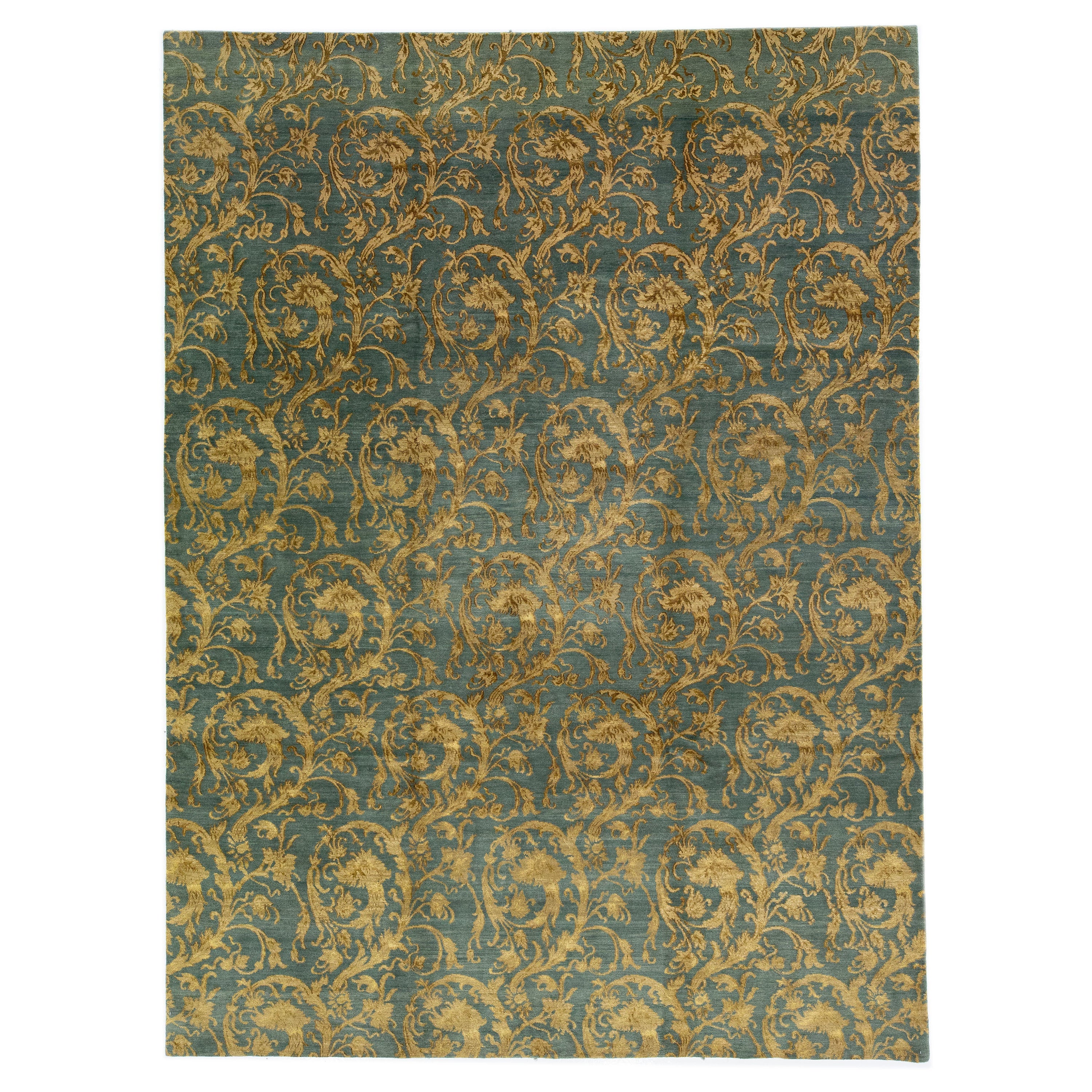 Allover Modern Tibetan Handmade Wool and Silk Rug with Blue Field