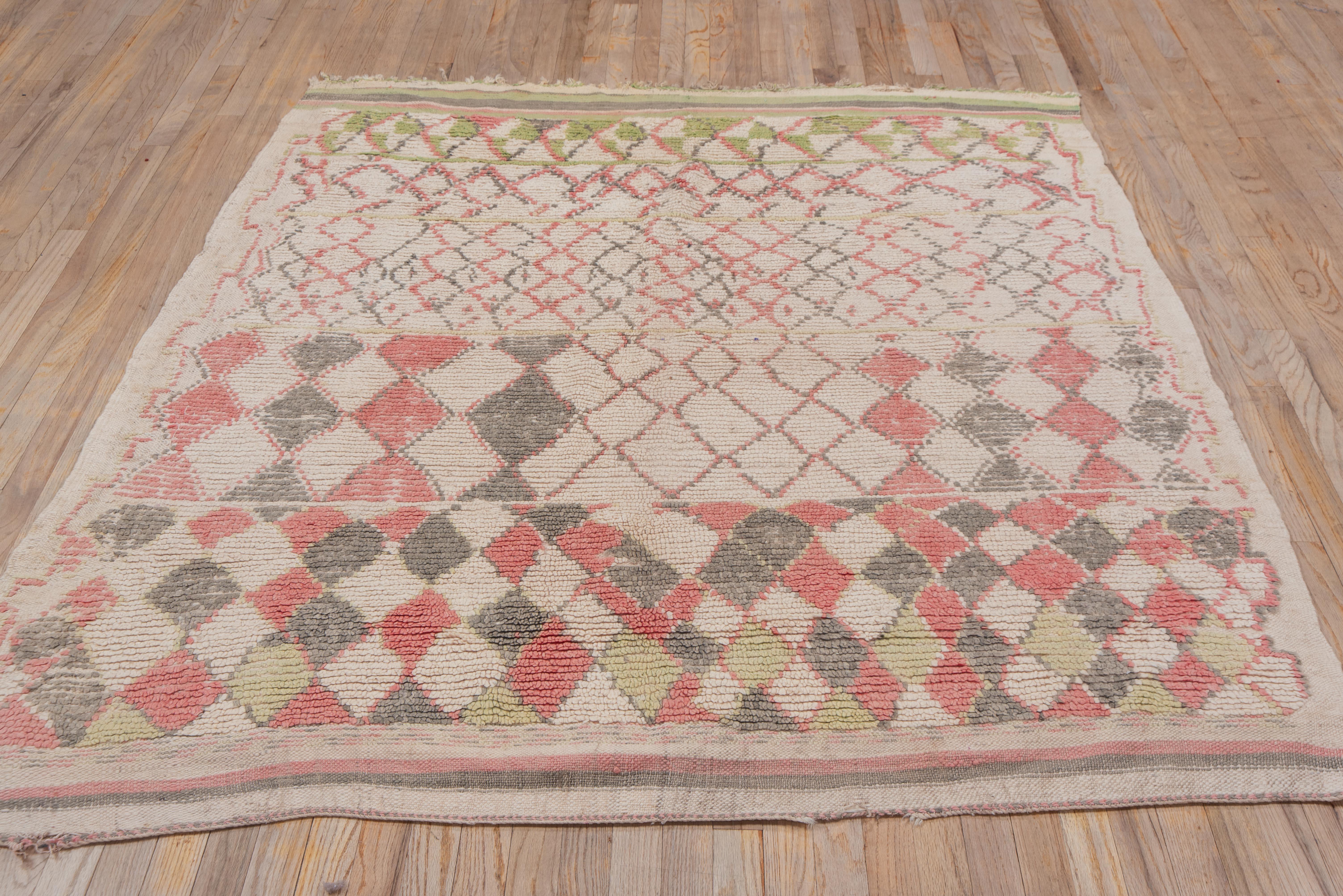 Wool Allover Moroccan Village Rug in Pear Green Clay Red and Faded Black For Sale