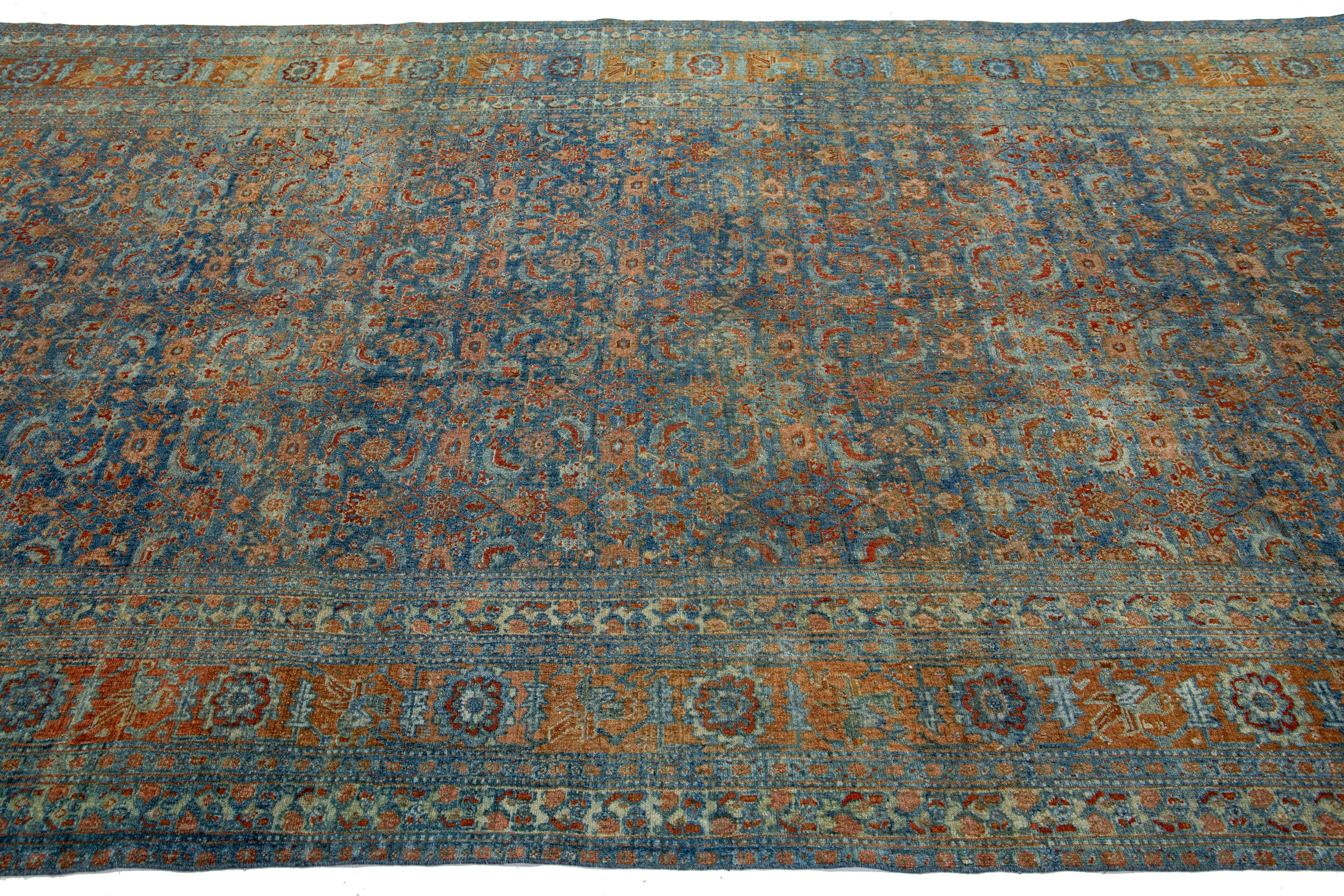 Hand-Knotted Allover Motif Antique Persian Bidjar Wool Runner in Blue  For Sale