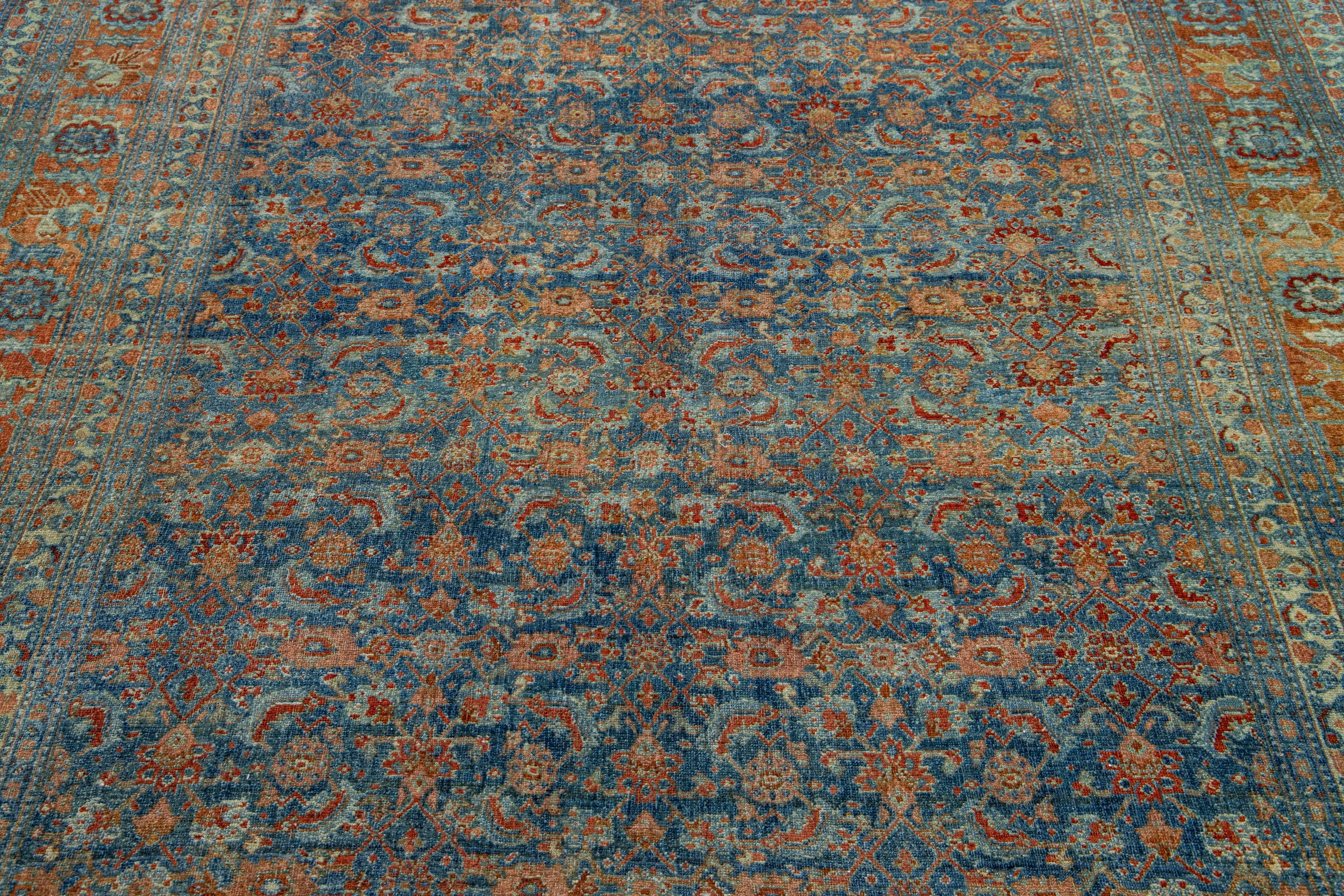 20th Century Allover Motif Antique Persian Bidjar Wool Runner in Blue  For Sale