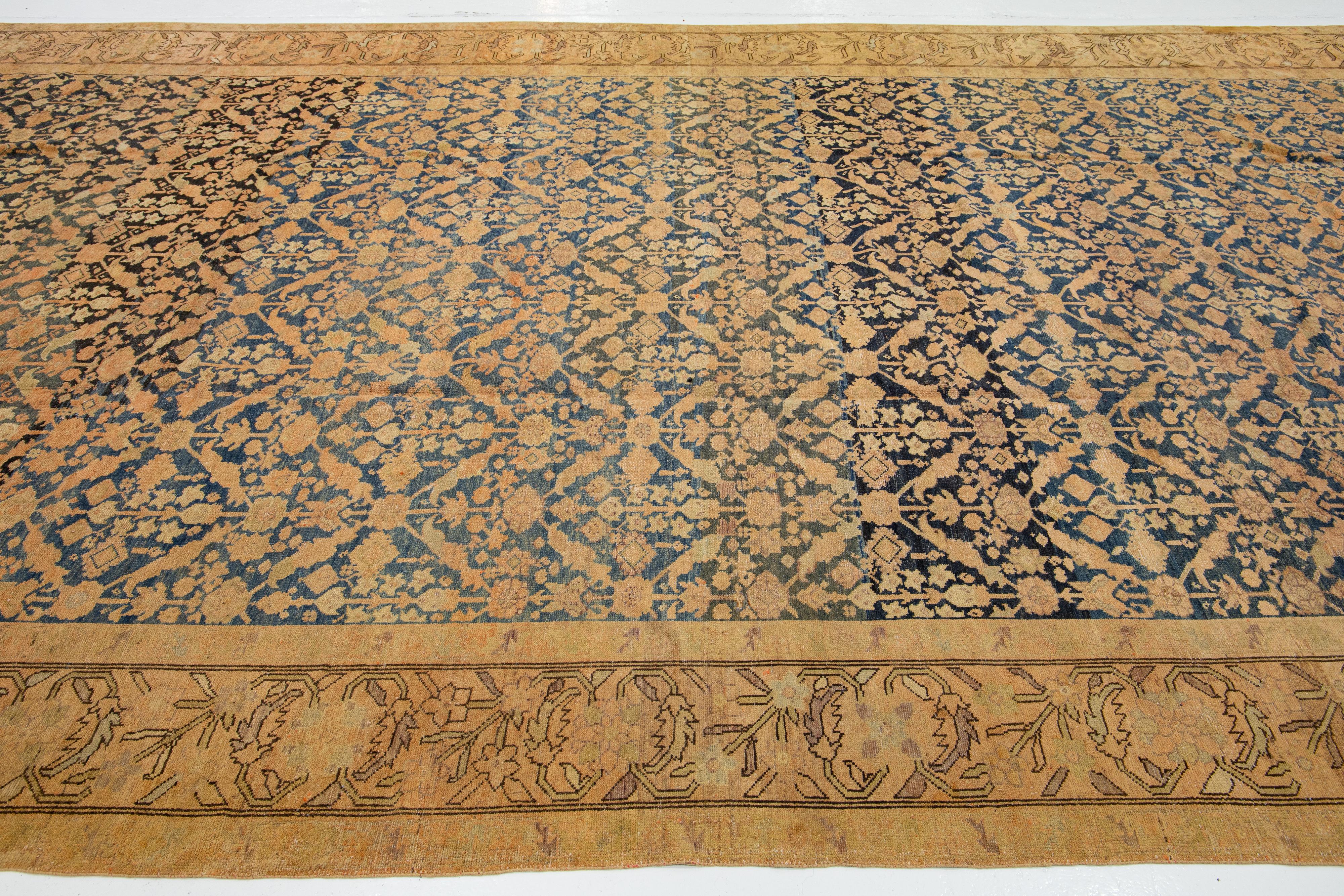 Allover Motif Antique Persian Malayer Oversize Wool Rug In Blue In Excellent Condition For Sale In Norwalk, CT