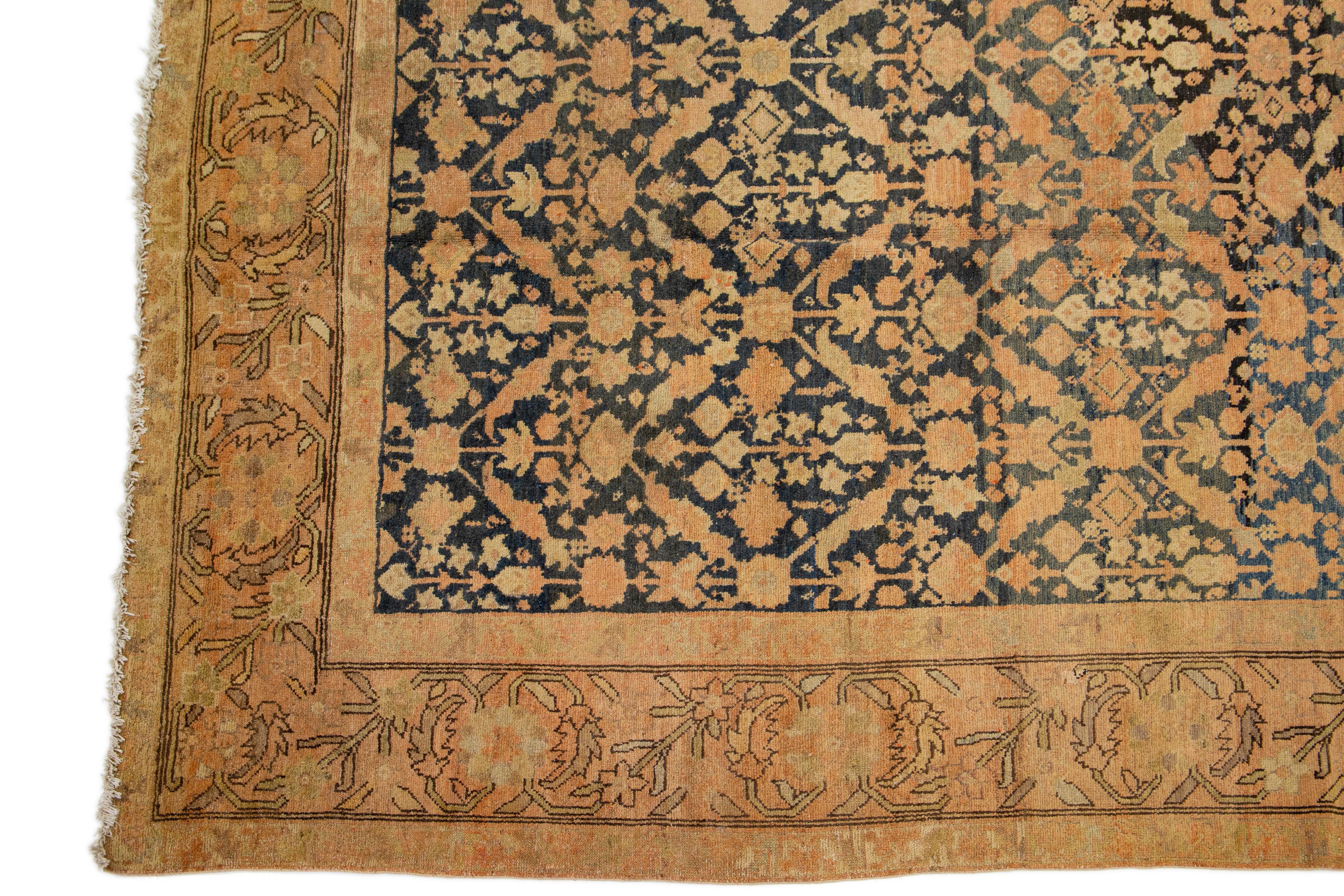 Late 19th Century Allover Motif Antique Persian Malayer Oversize Wool Rug In Blue For Sale