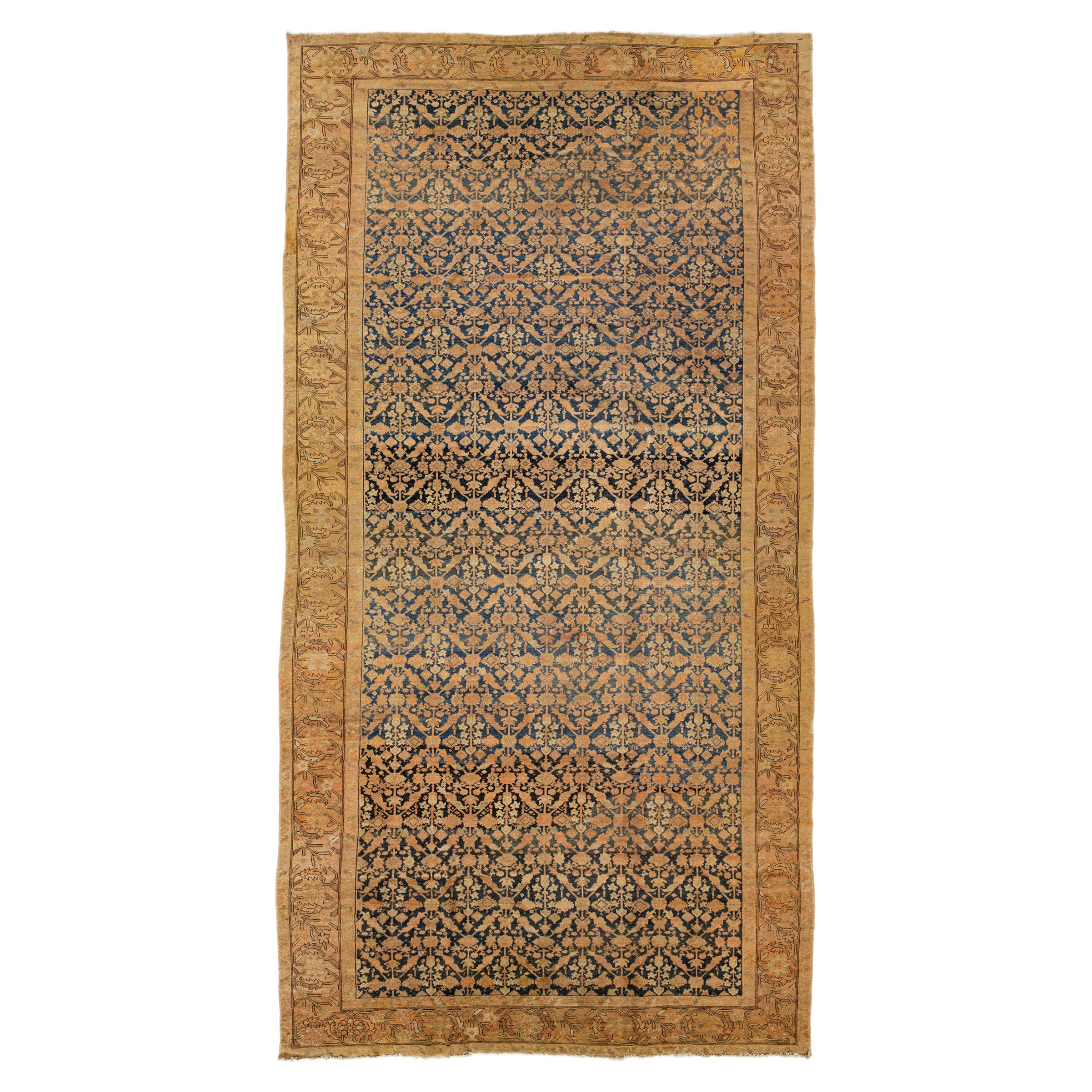 Allover Motif Antique Persian Malayer Oversize Wool Rug In Blue