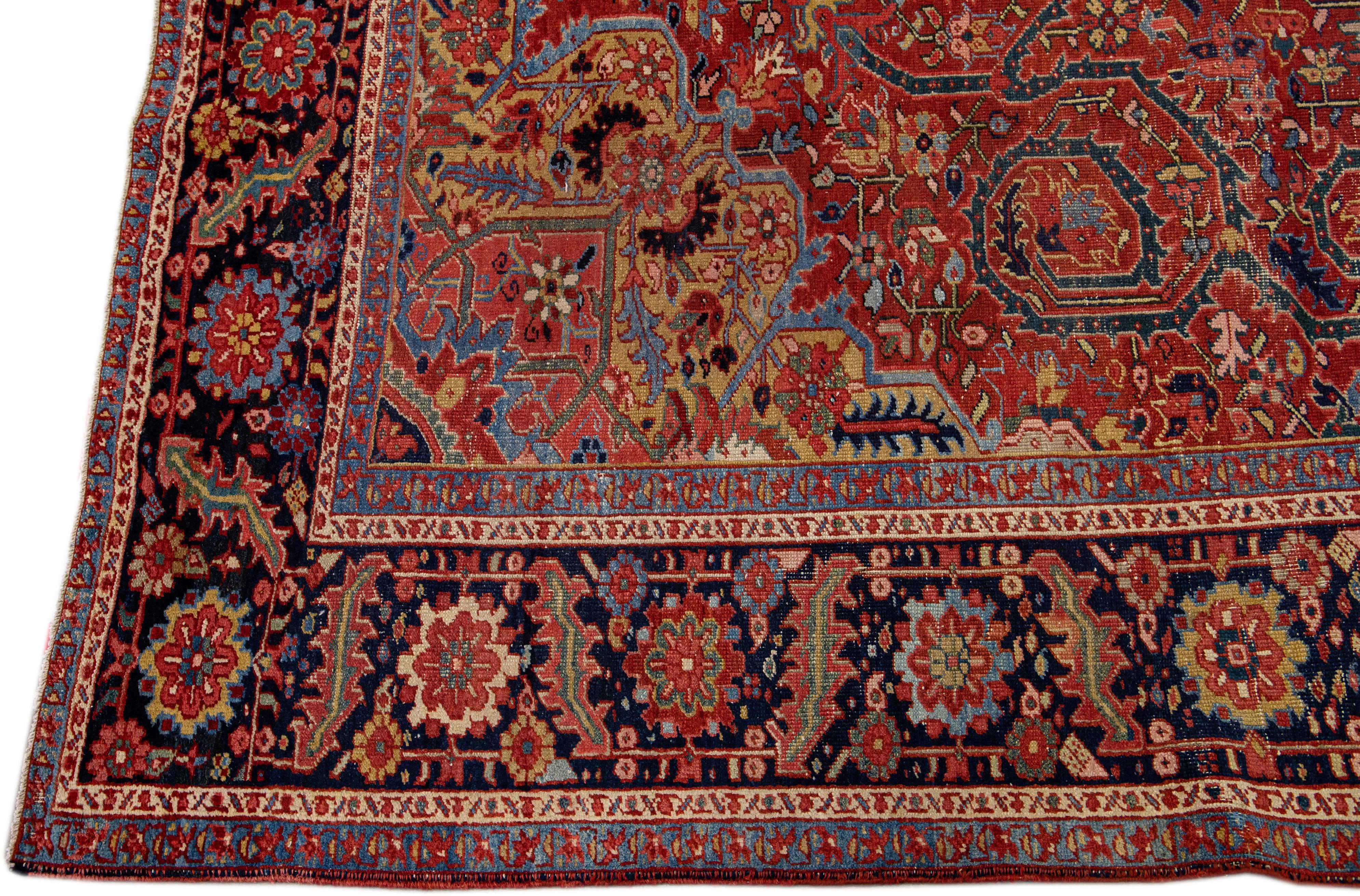 Heriz Serapi Allover Pattern Antique Persian Heriz Handmade Red Wool Rug For Sale