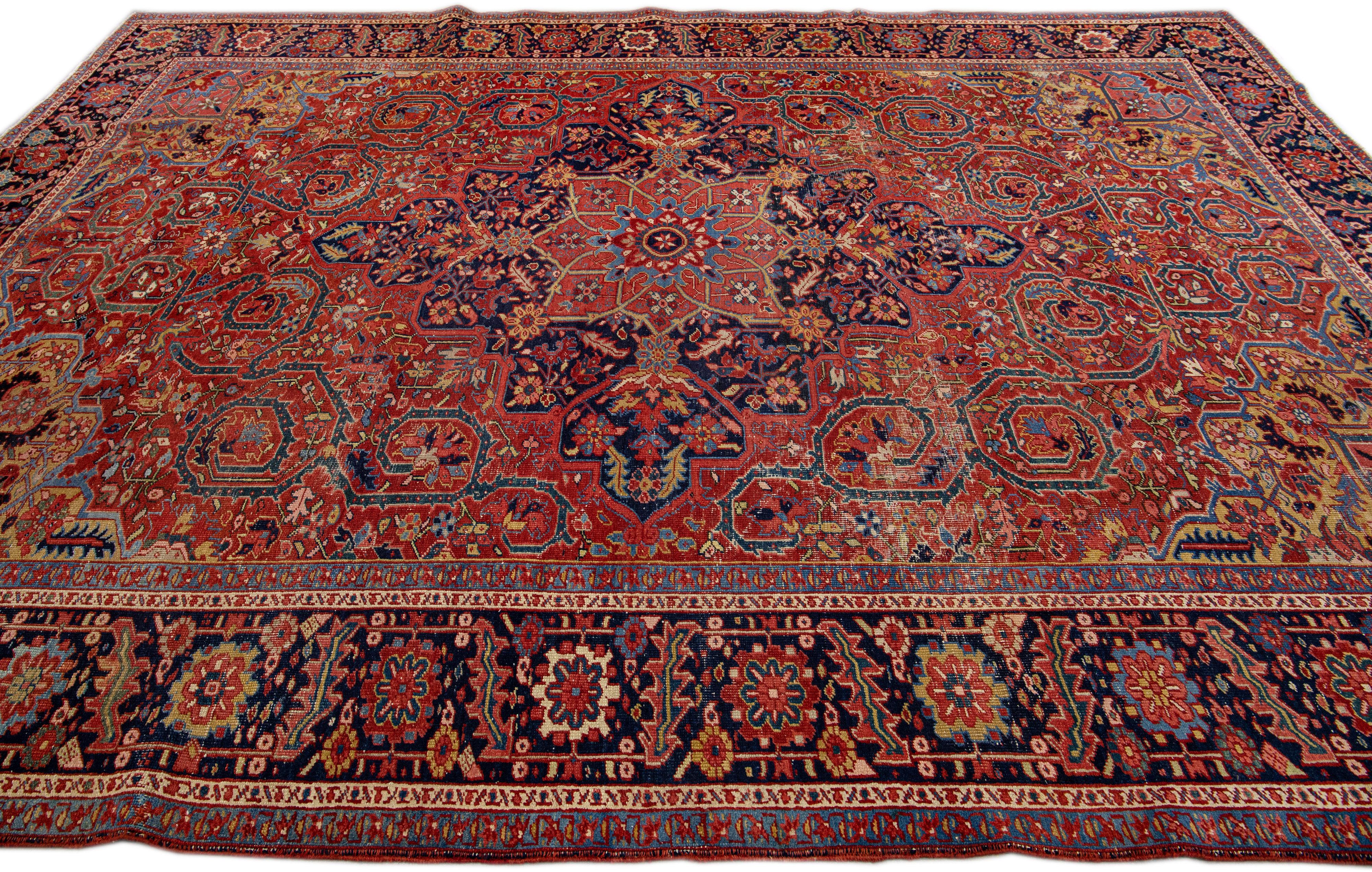 Hand-Knotted Allover Pattern Antique Persian Heriz Handmade Red Wool Rug For Sale